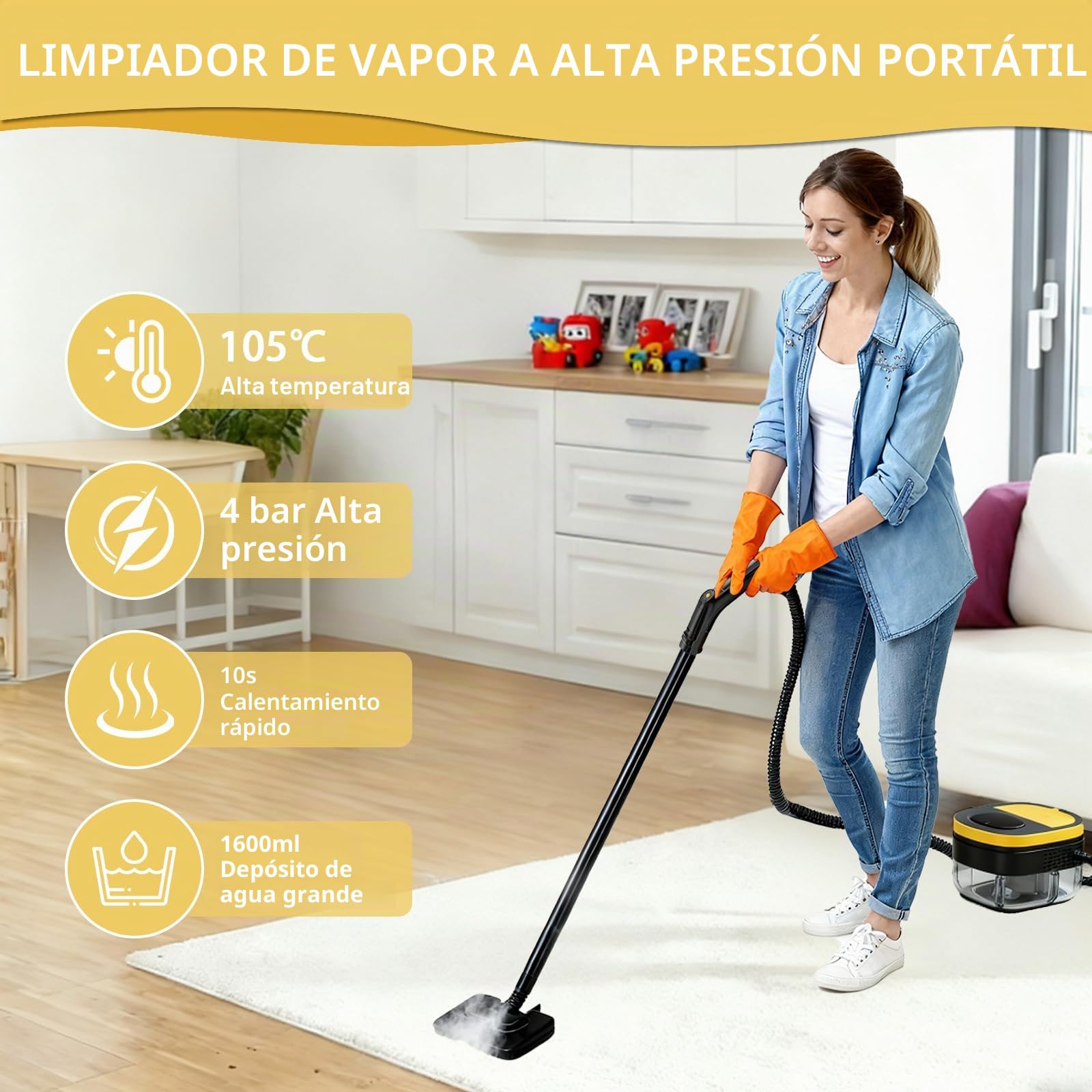 Limpiador a Vapor Portátil, 2500W Potente Limpiador a Vapor para el Hogar, 3 Velocidades Ajustables,17 Accesorios, Depósito de Agua de 1600 ml, Presión de 4 Bar, para Cocina, Ventanas, Pisos, Autos