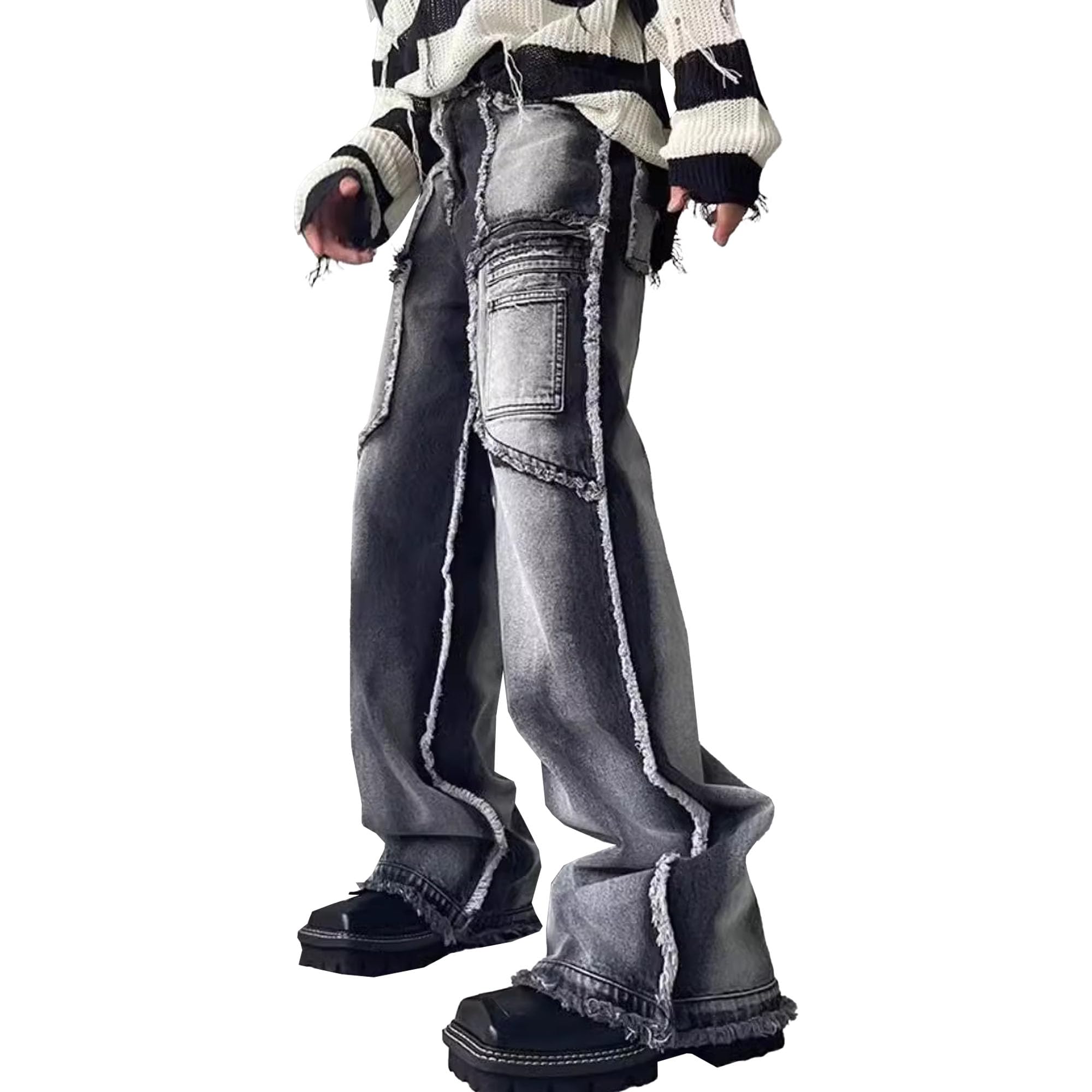 Men's Washed Patchwork Jeans Cargo Wide Leg Denim Pant Baggy Vintage Hip Hop Streetwear Jean Trousers (Gray,Small)