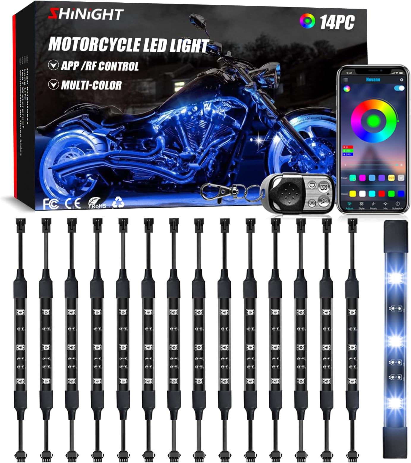 14 Pcs Motorcycle LED Light Kits, App Control Multicolor Waterproof Motorcycle LED Strip Lights with RF Remote, Music Sync & Multiple Scene Modes RGB LED Lights for Motorcycles