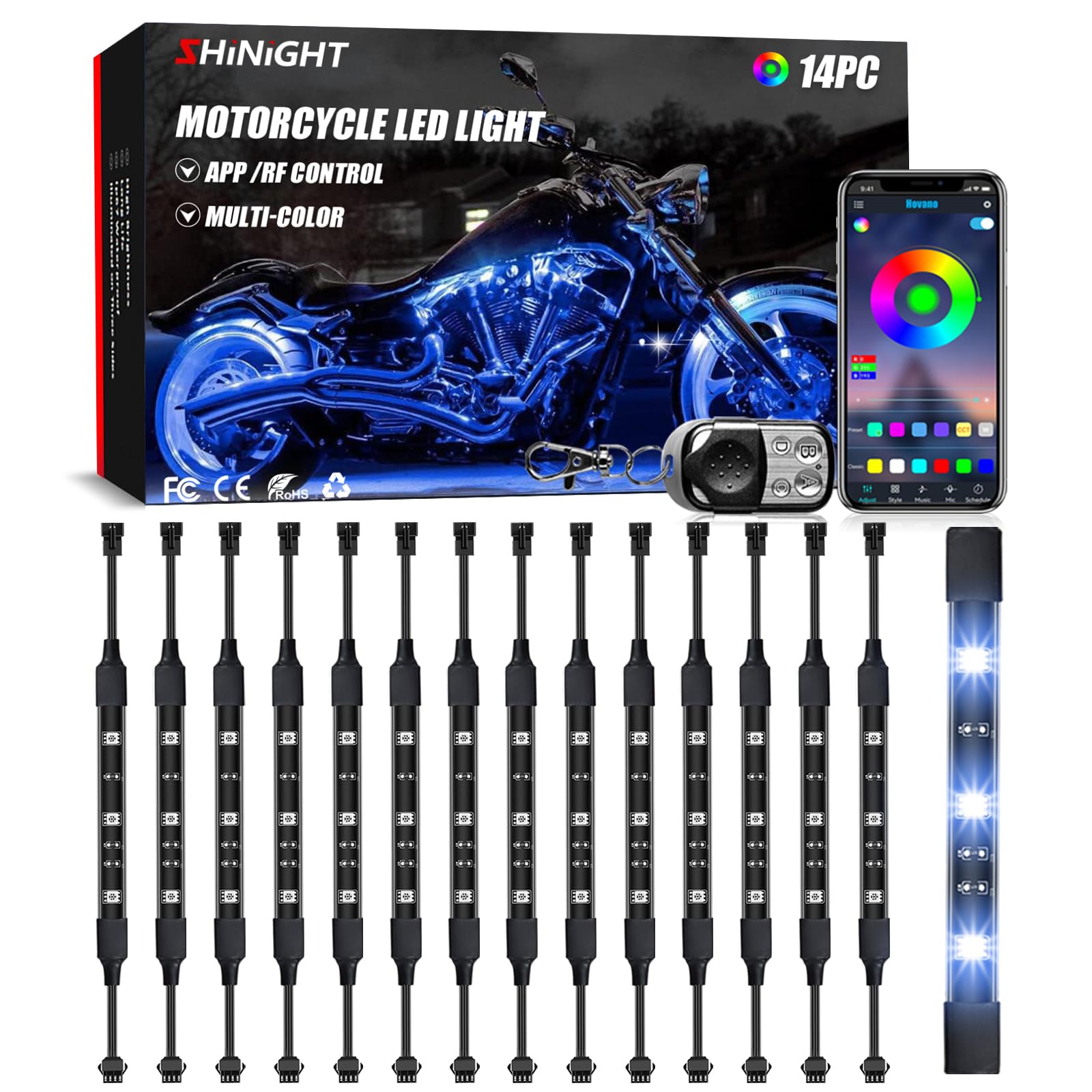 SHINIGHT 14-Pcs Motorcycle LED Light Kits, App Control Multicolor IP67