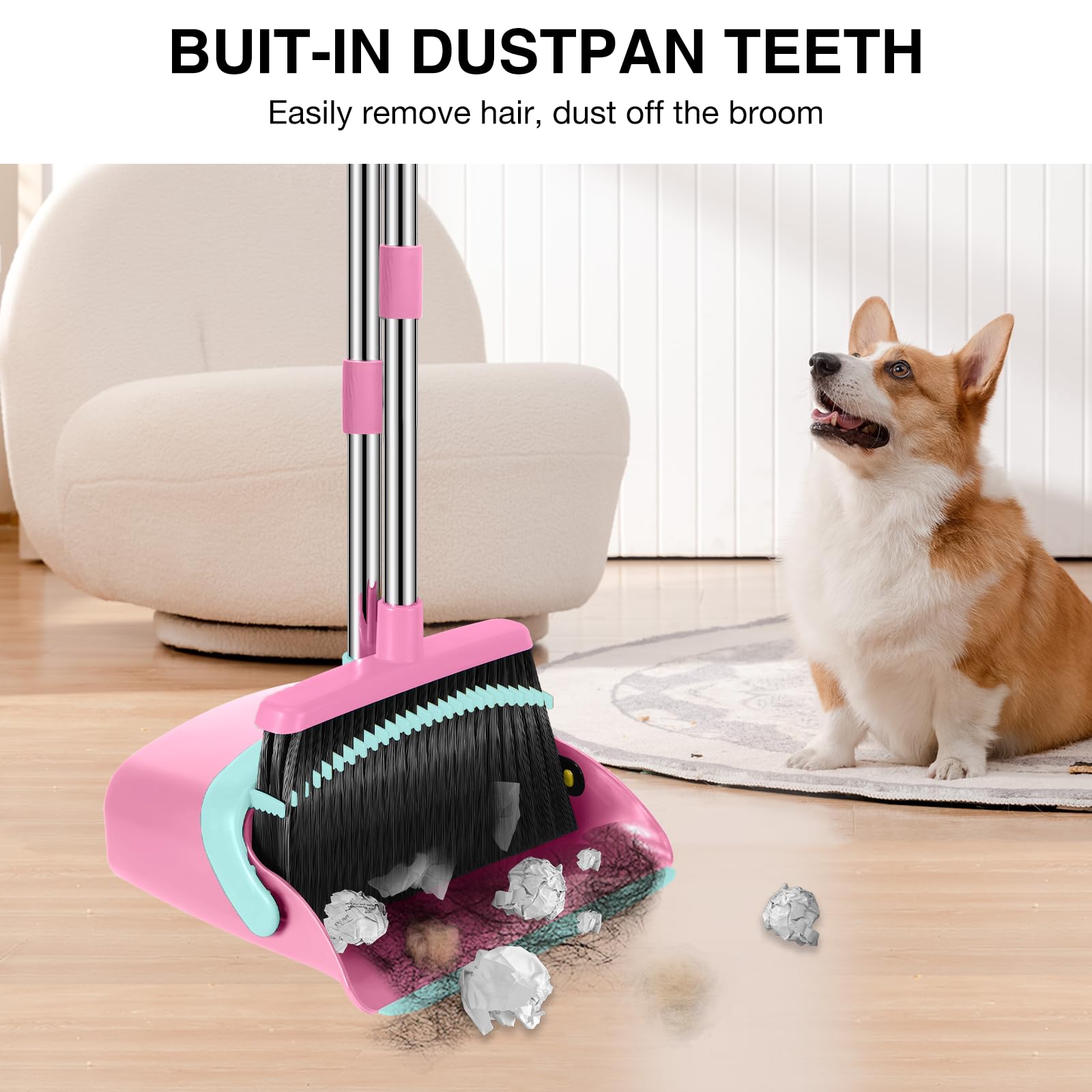 Besen- und Kehrschaufel-Set, 132,1 cm lang, verstellbarer Griff, Besen, Kehrschaufel, Kombi mit Kehrschaufelzähnen zur automatischen Haarreinigung, geeignet für Zuhause, Küche, Büro, Flur, Boden, Rosa