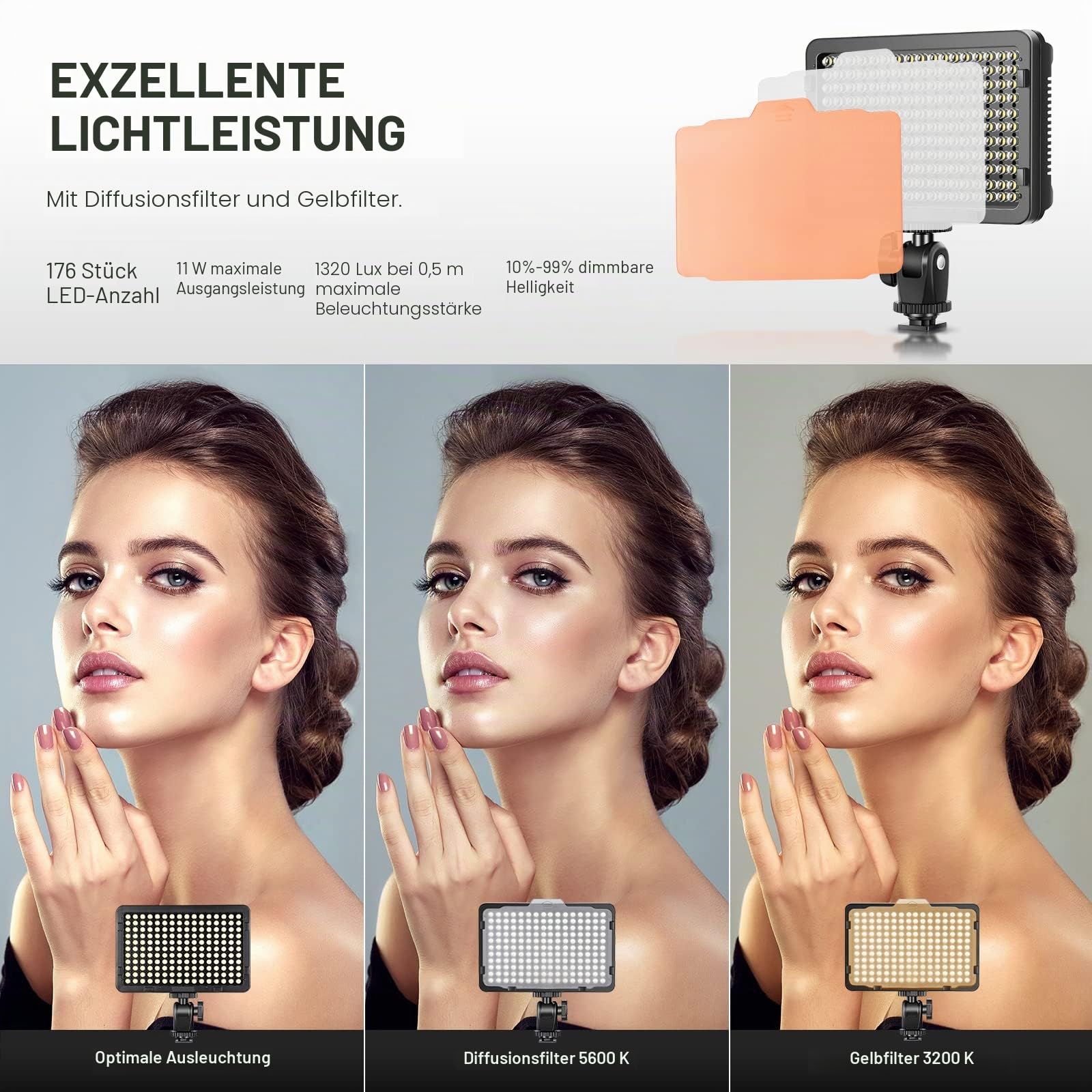 NEEWER 176 LED on Camera Videoleuchte Streaming Licht 5600K dimmbar Videolicht Panel mit 1/4" Gewinde, Key Light für Canon Nikon Pentax Panasonic Sony und andere DSLR Kameras, Batterie nicht enthalten