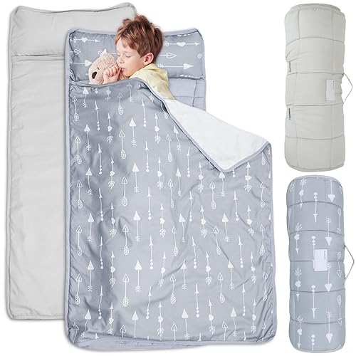 Miniatura 7 de Tapete para siesta con almohada y manta para niños pequeños, paquete de 2 tapetes para siesta para guardería preescolar, saco de dormir acolchado
