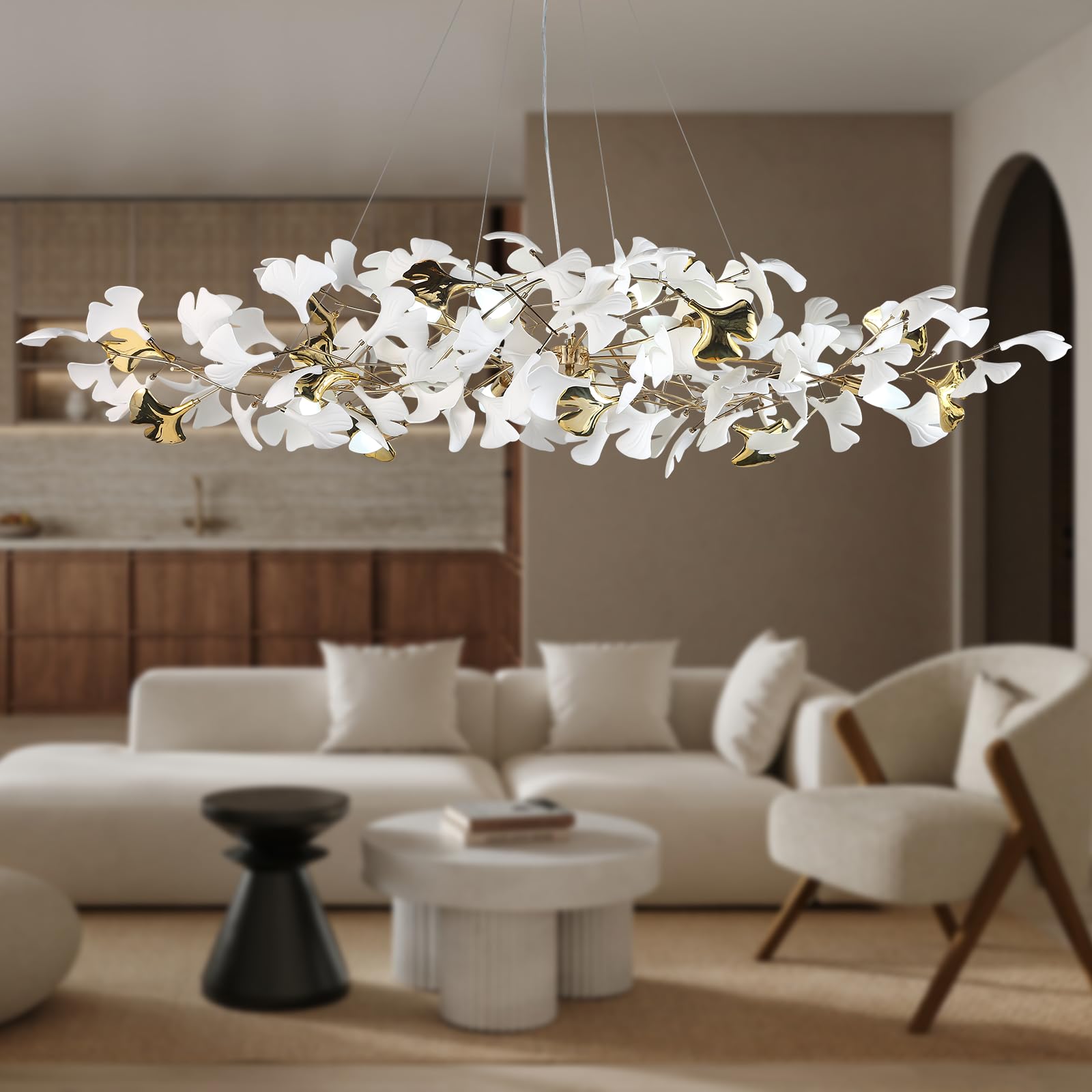 Modern Chandeliers for Dining Room - 59In Gold Rectangle Brass Large Chandelier, Tree Branch Art Deco Mid Century Chandelier with Ginkgo Leaves, Farmhouse Chandelier for Living Room,Bedroom