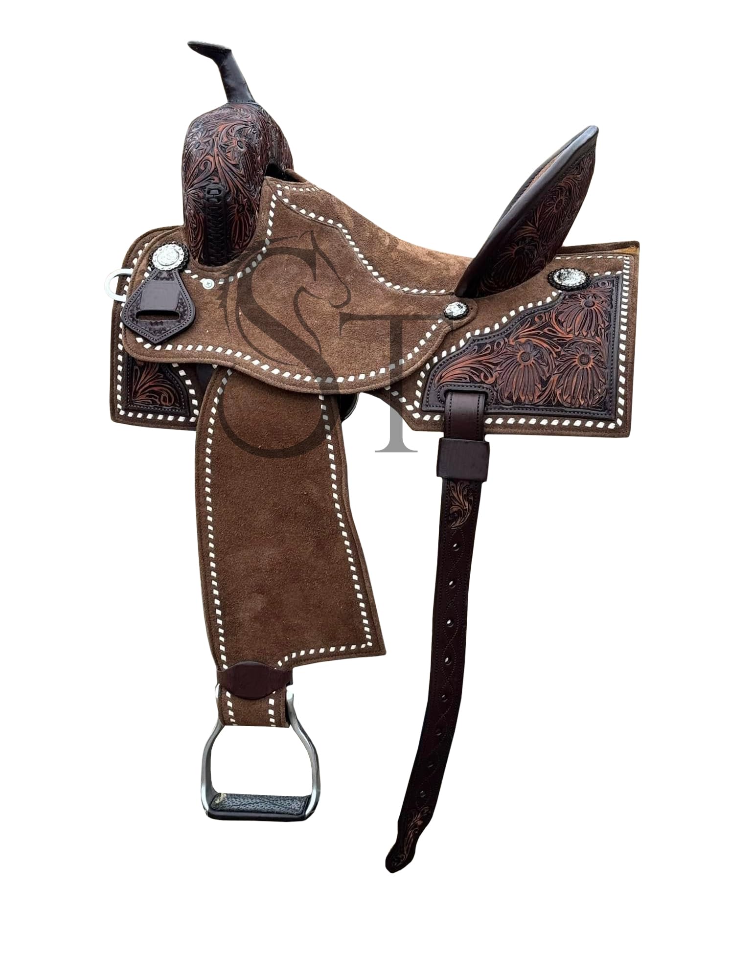 ST-229 - Set di sella per cavalli da corsa in pelle di alta qualità, con cuciture a fibbia, colore turchese, dimensioni della sella: da 30,5 cm a 45,7 cm