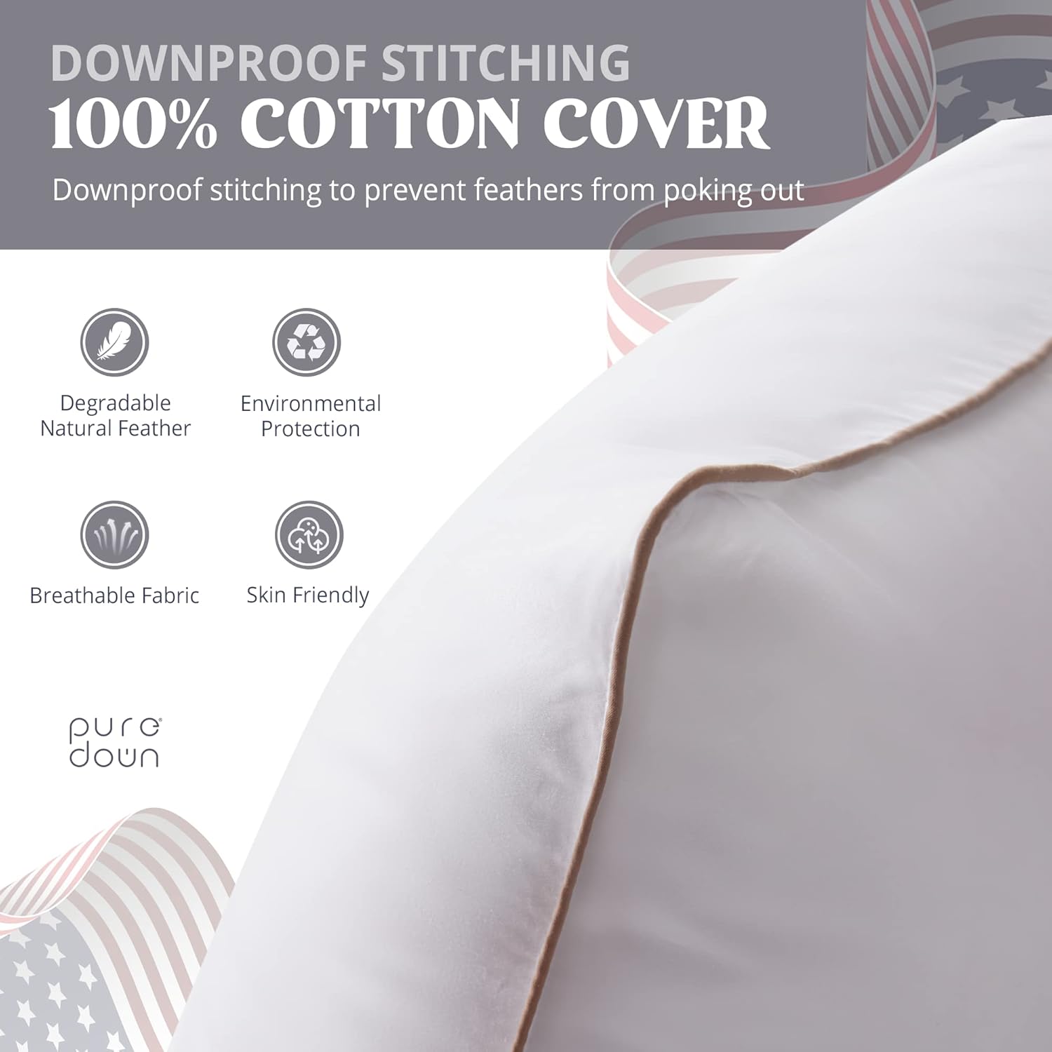puredown® Made in USA Soft Fluffy Medium Firm Hotel Pillow, 100% Cotton Cover, Luxury Bed Pillows Queen Size Set of 2 for Back, Stomach or Side Sleeper.