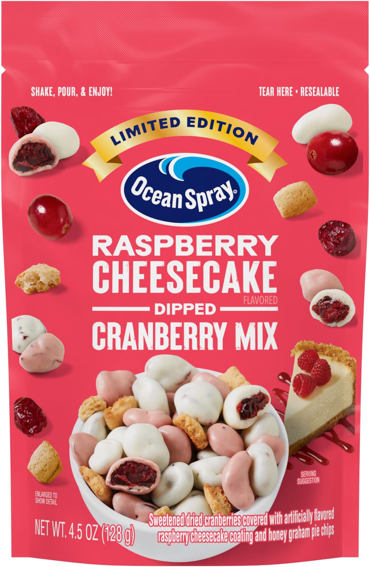 Ocean Spray® Raspberry Cheesecake Dipped Cranberry Mix, Raspberry and Cheesecake Coated Dried Cranberries, 4.5 Oz Pouch (Pack of 1)