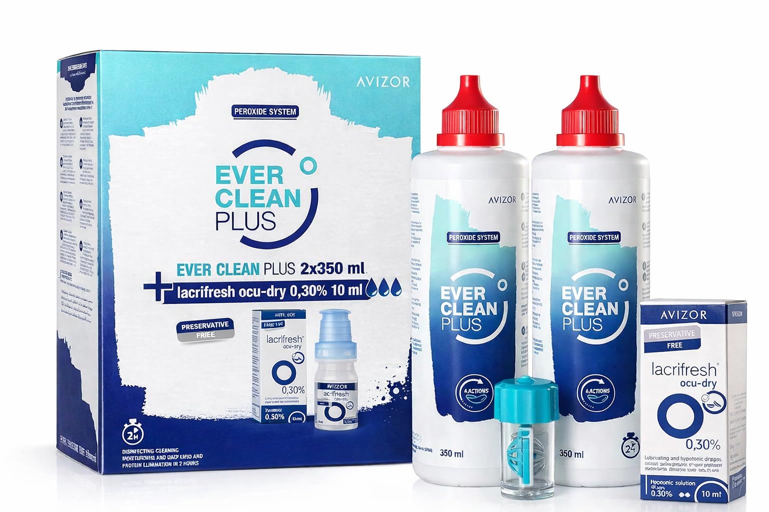 Avizor Ever Clean Plus 2x350 ml + Lacrifresh Ocu-Dry 0,30% 10 ml | Reinigungs- und Desinfektionslösung mit Peroxid + Augentropfen ohne Konservierungsstoffe