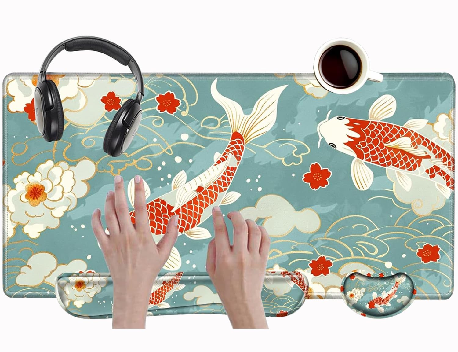 Koi Fish Desk Mat Set Carp Mousepad Gaming Mouse Pad and Keyborad Wrist Rest XXL Desk Pad 31.5" x 15.75" Computer Mat Large Mouse Pads with Wrist Support