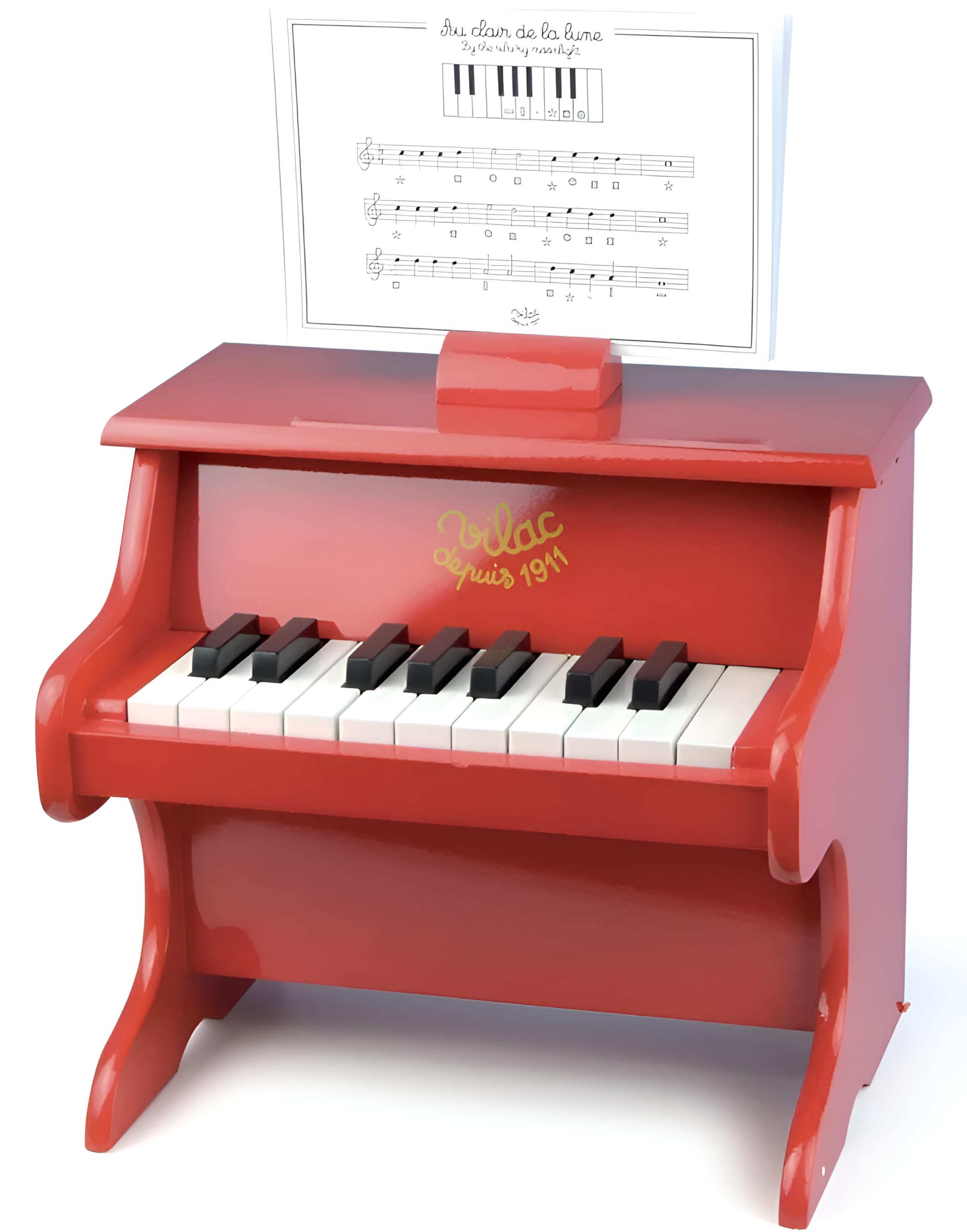Vilac Vintage Holz 18 Tasten Klavier mit Partituren, Musikspielzeug Instrument für Kinder, Lackierung, Keine Batterien erforderlich, vormontiert, verbessert die Kreativität, ab 3 Jahren, Rot