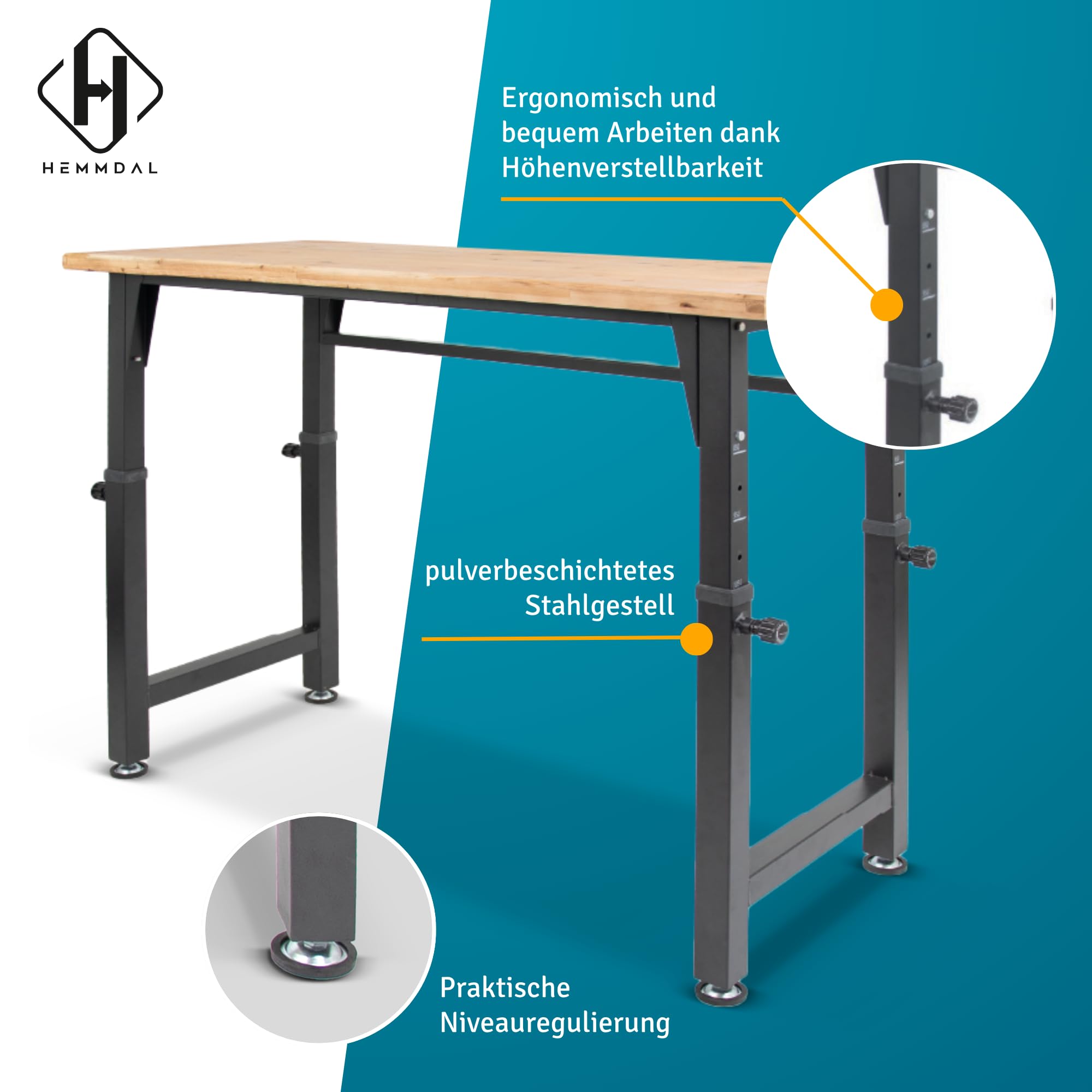 HEMMDAL Werkbank | 200 kg Tragkraft | HxBxT 105 x 135 x 60 cm | 3,5 cm Starke geölte Holzplatte | höhenverstellbar | hochrobust aus pulverbeschichtetem Stahl | Profi-Arbeitstisch | Werktisch