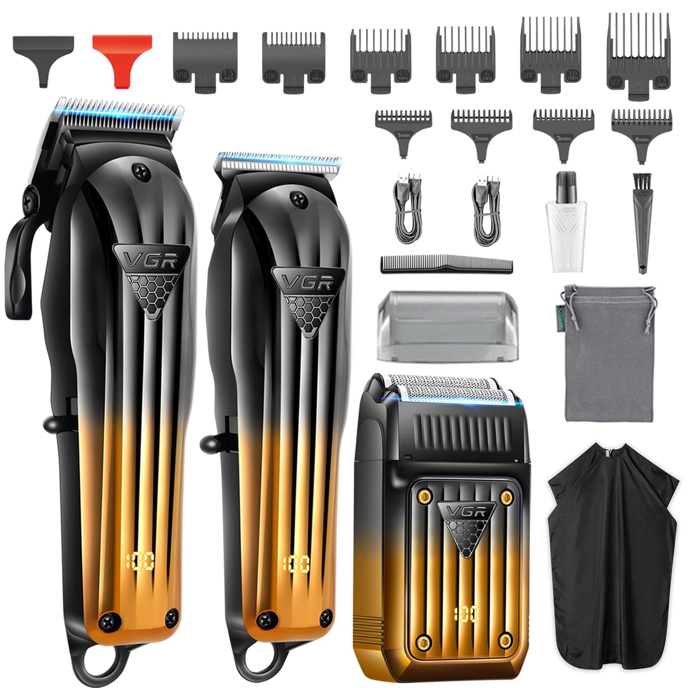 VGR 644 Hair Clippers for Men Professional, Cordless Beard Trimmer & Electric Razor Shavers, Rechargeable 3 Piece Barber Hair Cutting Kit LED Display Men's Grooming Kit