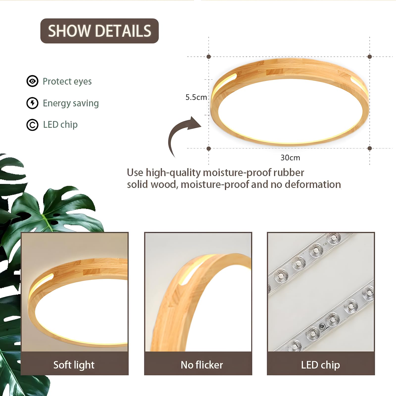 WayLuoung Wooden LED Ceiling Light | 30 Cm 6000 K 1620 LM 18 W | Round Natural Wood Ceiling Light 360° For Bedroom, Living Room, Children's Room, Kitchen, Dining Room, Home, Office - View #4