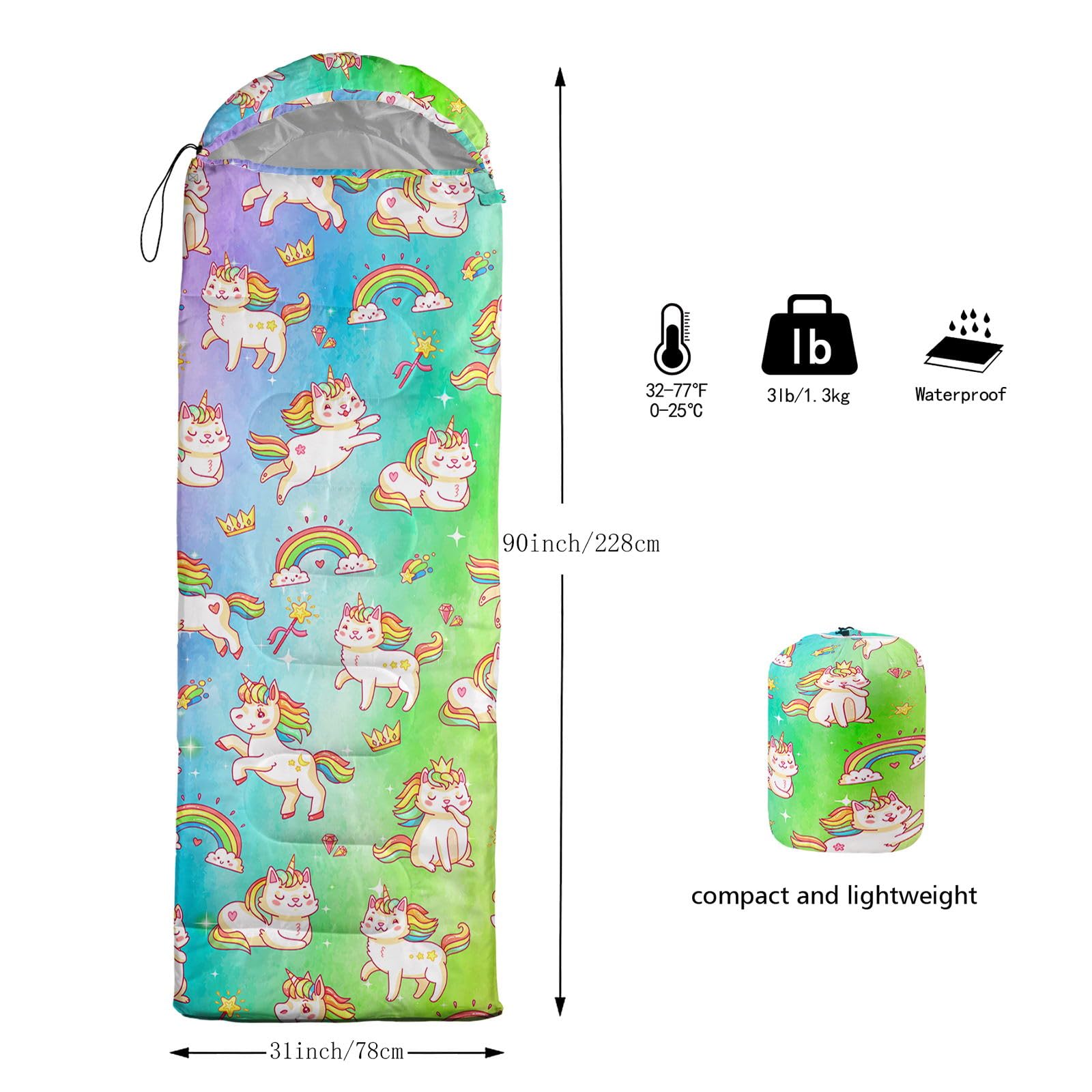 HOSIMA Sleeping Bags for Boys Girls Kids,Rainbow Unicorn Cat Printeded Lightweight Warm Portable Outdoor Indoor Waterproof Cold Resistant Sleeping Bag for Camping Hiking (Unicorn) - Image 3