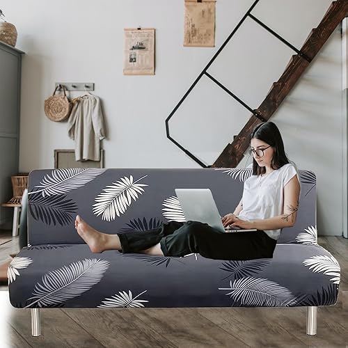 SMMUSEN Funda de sofá retráctil, funda de sofá cama sin brazos con 92% poliéster, ligera, plegable, para decoración del hogar (plumas negras)