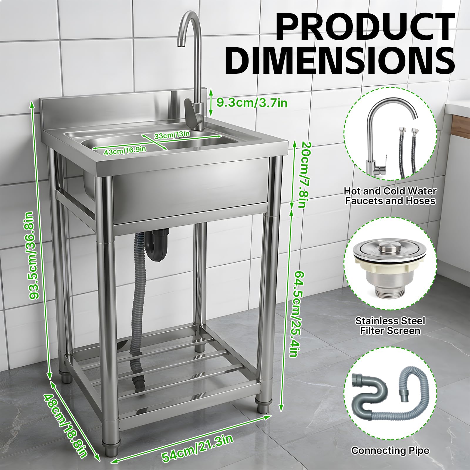 Stainless Steel Utility Sink, 22" Freestanding Single Bowl Laundry Sink with Drain Basket, Commercial Sink with Adjustable Leveling Legs, for Garage, Restaurant and Kitchen Use - 4