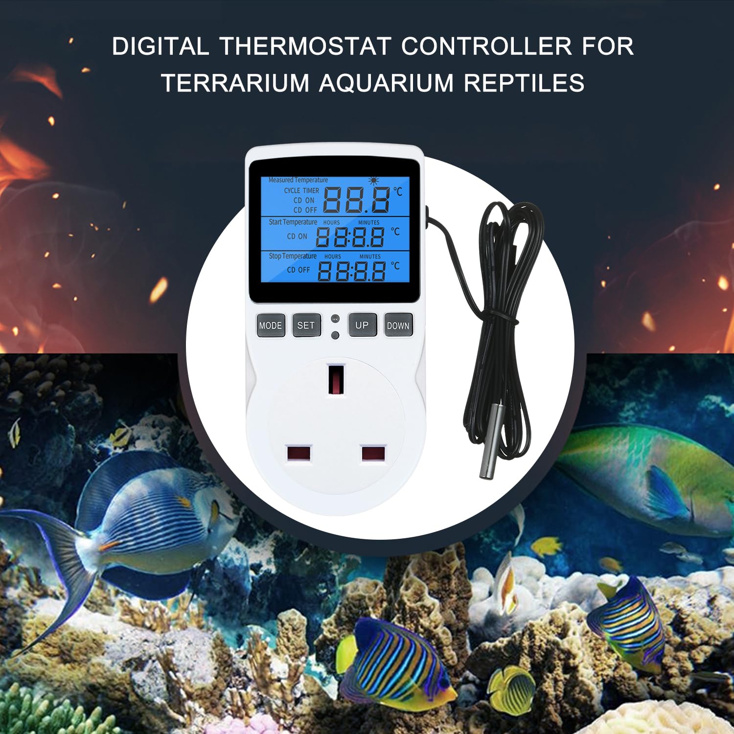 Weytoll Termostato digital LCD con enchufe, control de calefacción y refrigeración para terrarios, acuarios y reptiles, control de temperatura con temporizador y sonda