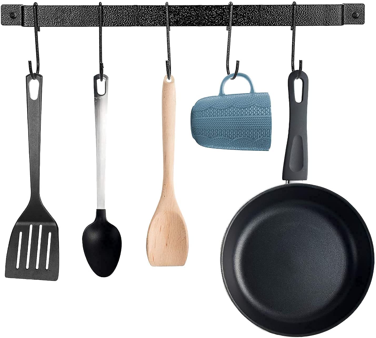 Craftize Mstore Kitchen Rail with 10 S Hooks – 17 Inch Wall Mounted Utensil Rack for Pots, Pans, Lids & Spatulas – Black 2