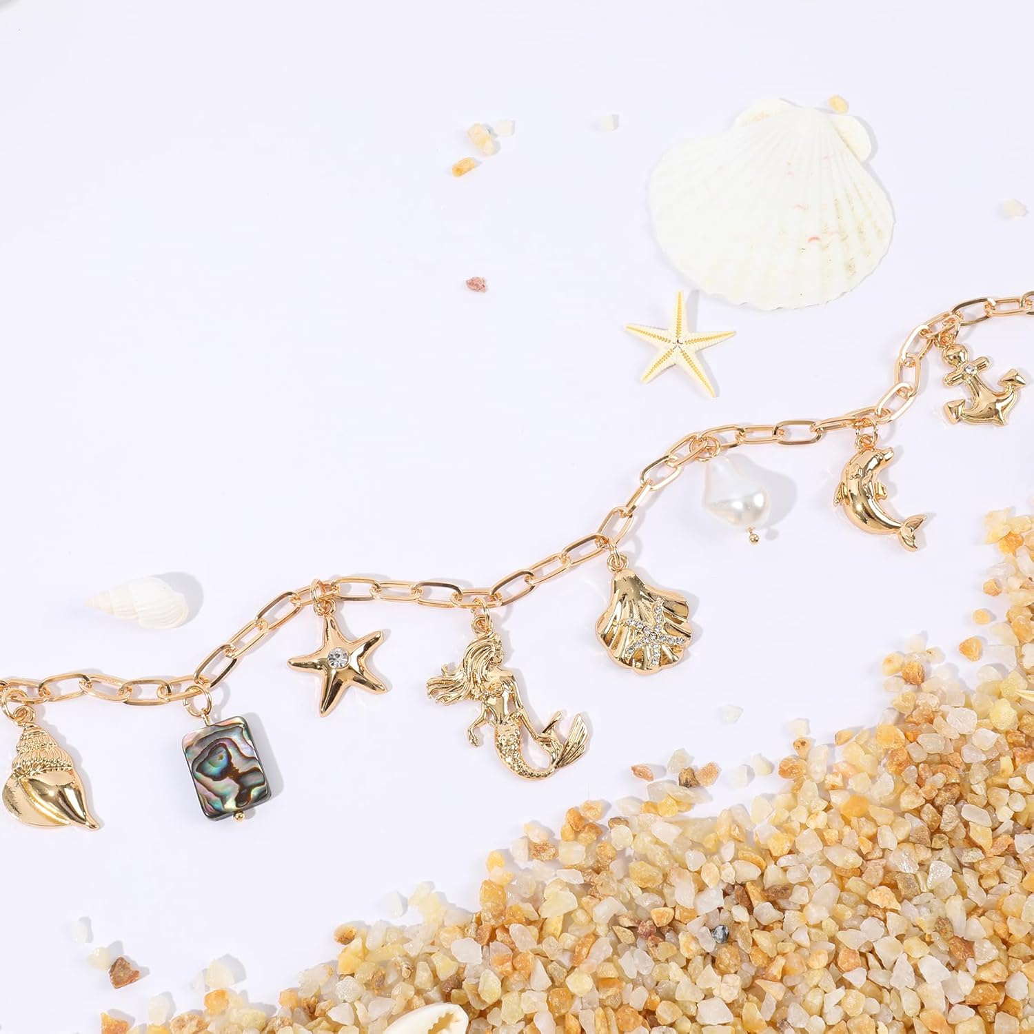 Gold Ocean Charm Necklace for Women Hawaii Chain Necklace with Cute Dangle Mermaid Shell Pearl Starfish Conch Dolphin Ship Anchor Sea Pendant Adjustable Trendy Y2K Summer Beach Jewelry Gift for Women - Image 5
