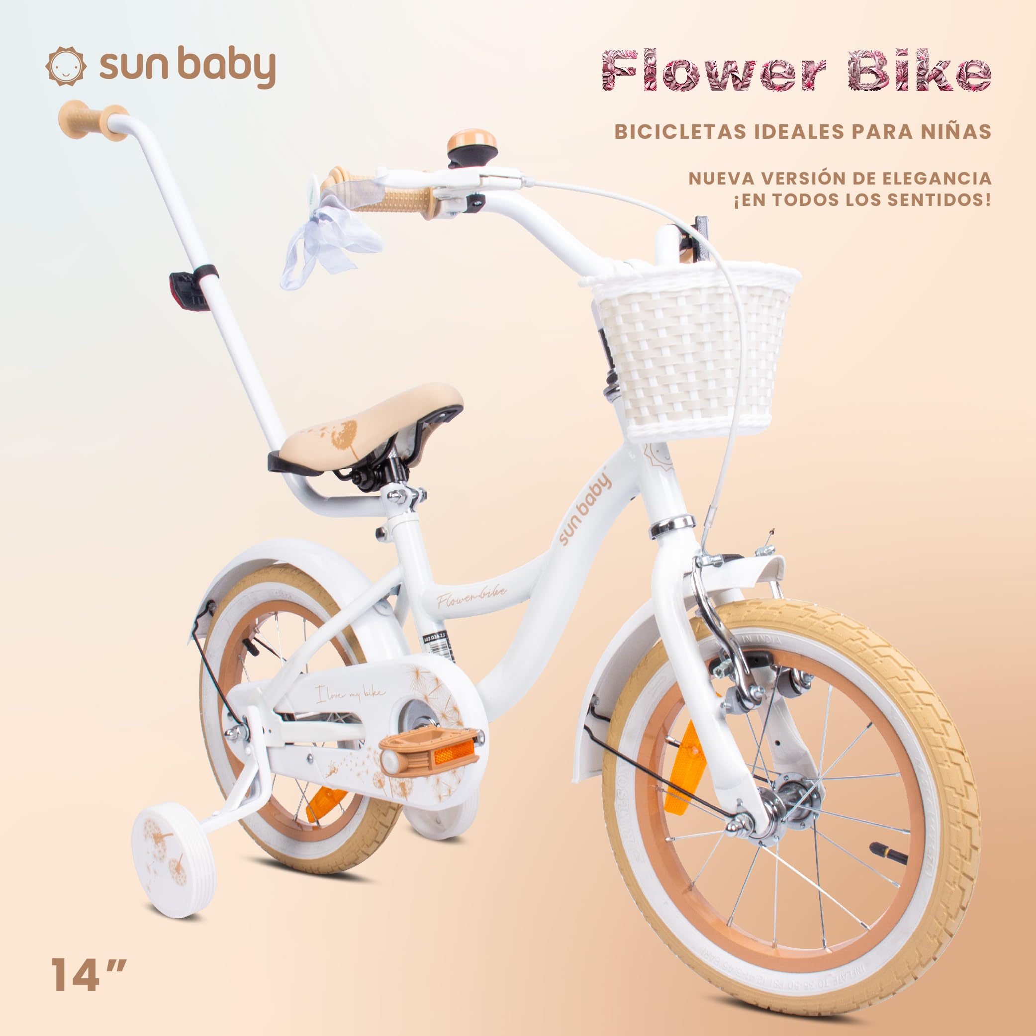 sun baby Flower Bike Bicicleta Infantil para niña 12/14/16 Pulgadas, con ruedines, Barra de Empuje, Cesta, Timbre, Freno contrapedal y V-Brake