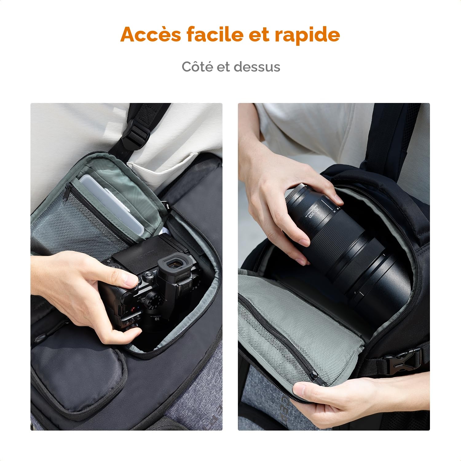 K&F CONCEPT Sac à dos pour appareil photo Canon Nikon Sony DSLR drone, objectif, ordinateur portable, trépied et accessoires avec housse de pluie
