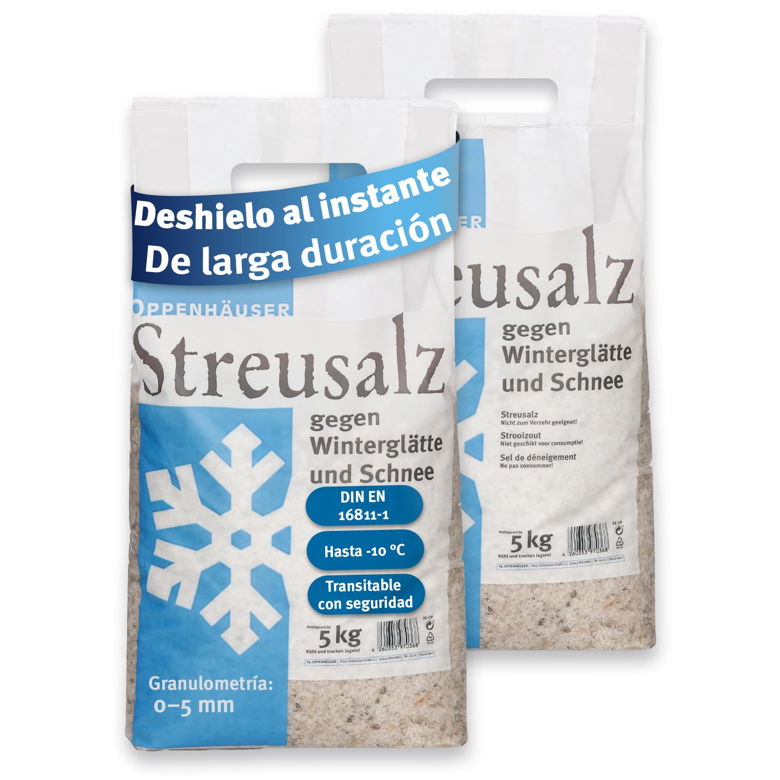 Sal para deshielo 10kg: deshielo inmediato y duradero, sal para eliminar el hielo y la nieve, streu invernal para aceras, accesos y aparcamientos, grano M, DIN EN 16811-1, de alta calidad