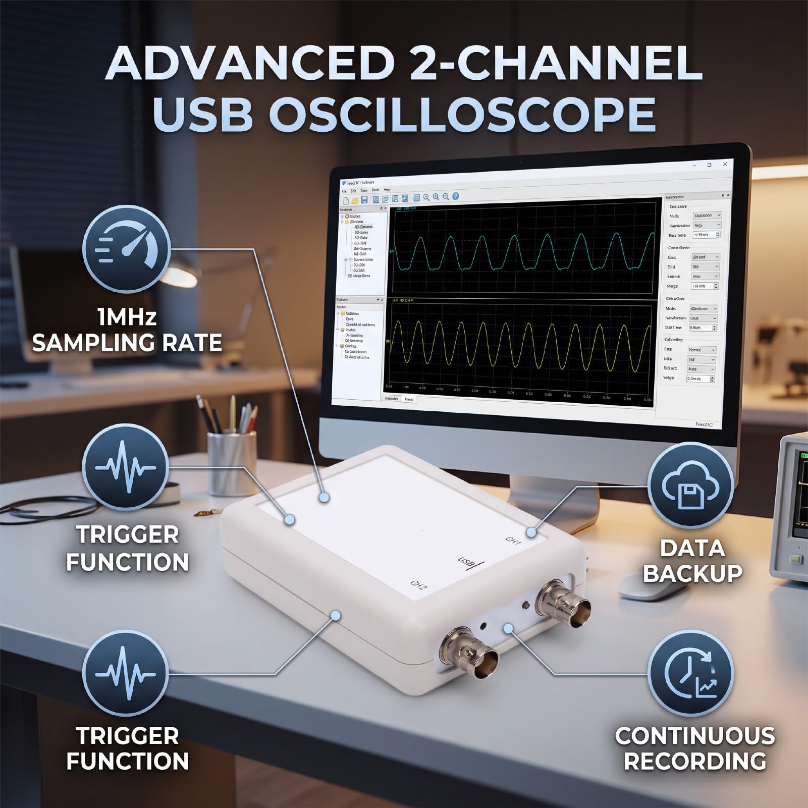 Osciloscopio USB PC, 2 Canales, Muestreo 1 MHz, Portátil