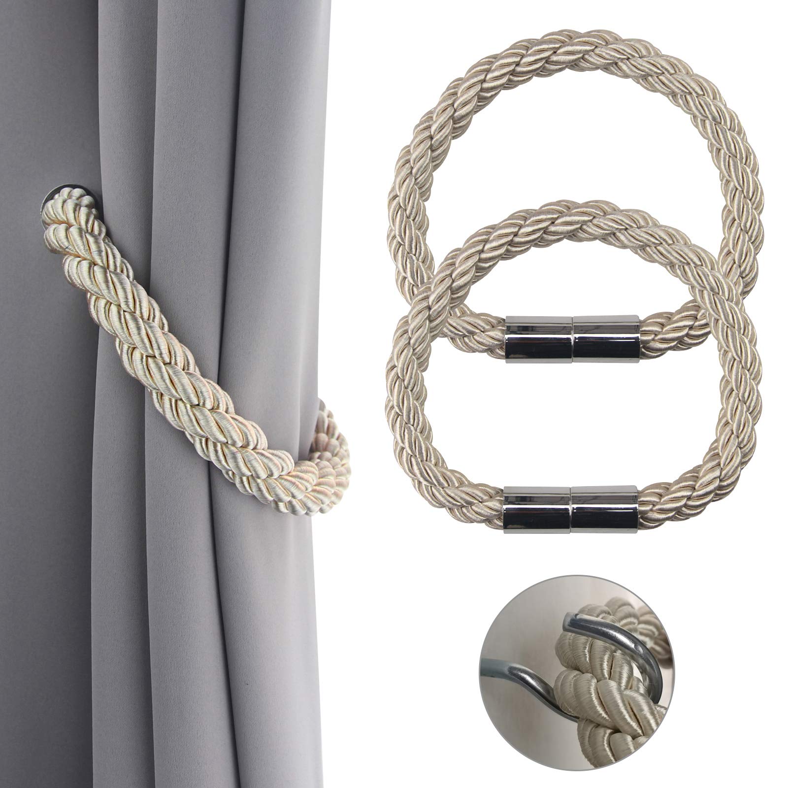 Lot de 2 embrasses de rideaux magnétiques solides - Beige - 50 cm - Attaches pratiques pour rideaux fins ou épais avec crochets en métal - Légèrement lourdes