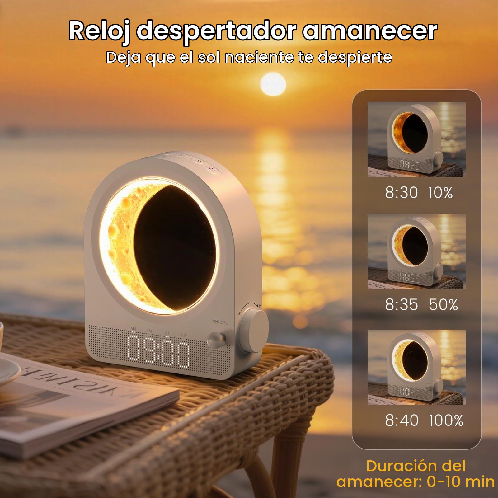 Despertador Sunrise Light, 10 sonidos blancos y función de cuenta atrás, luz lunar y meteorito con brillo ajustable - Blanco
