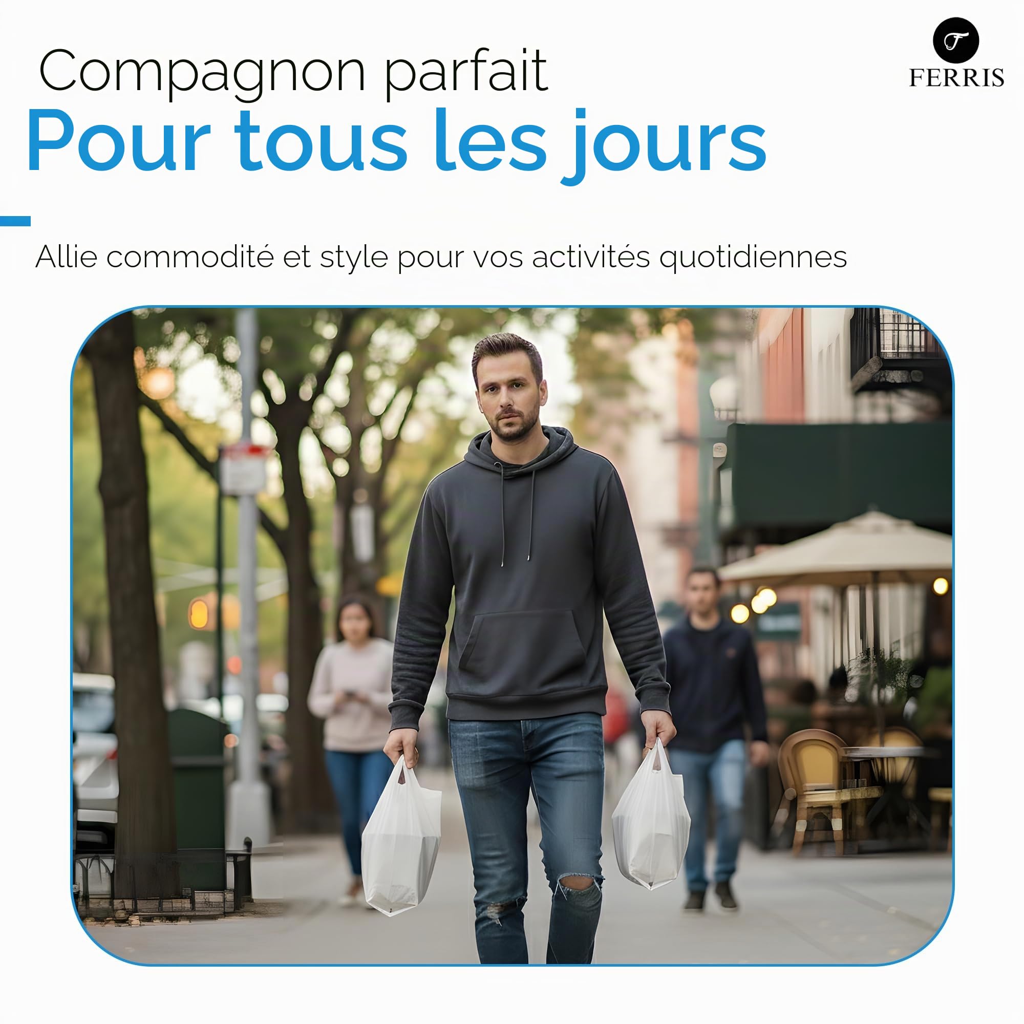 FERRIS Lot de 200 grands sacs de transport solides avec poignées, sacs en plastique multi-usages résistants de 40,5 x 45,8 x 55,8 cm, pour les courses, les étals de marché, les plats à emporter,