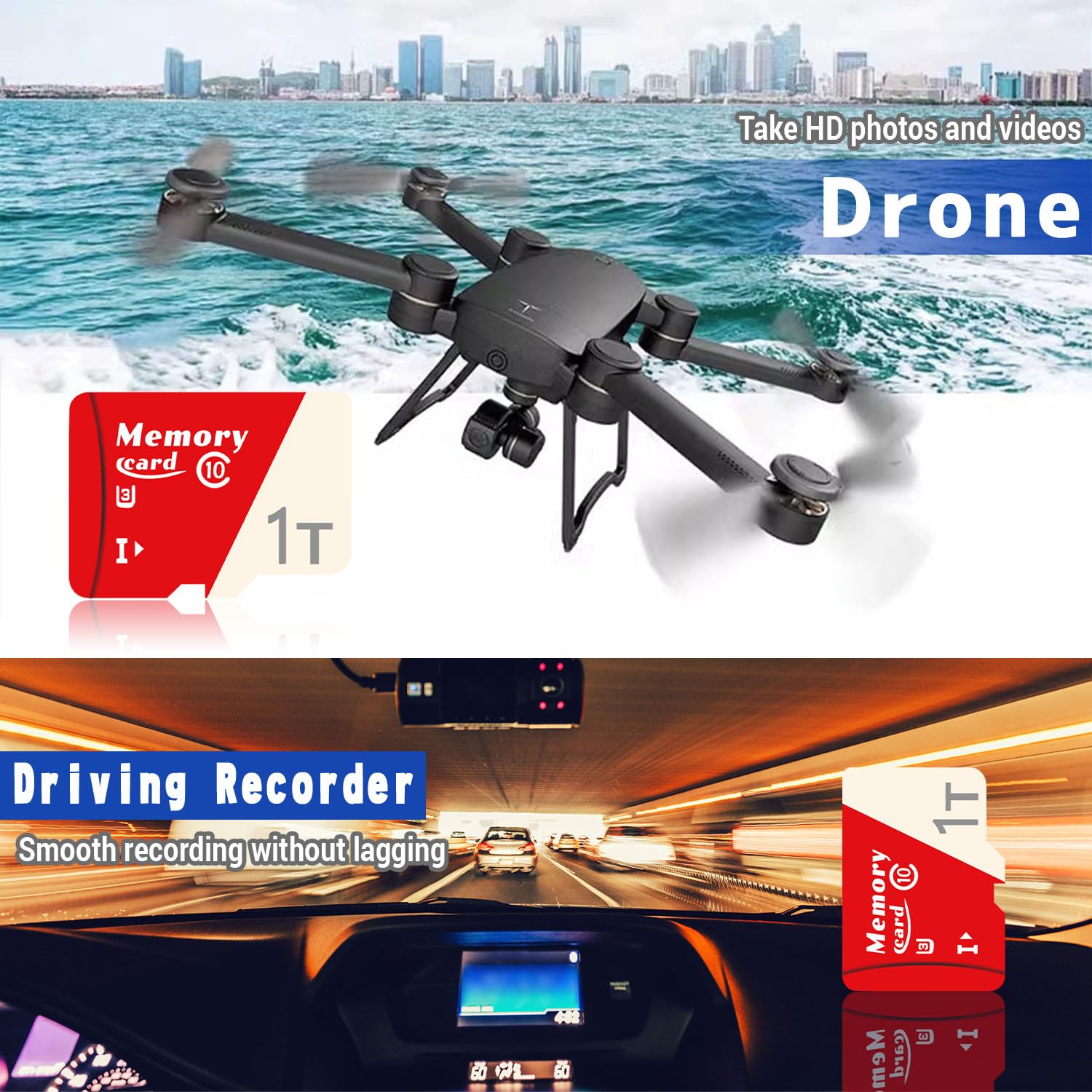 Carte Micro de 1024Go Jusqu’à 100 MB/S, Carte mémoire avec Carte vidéo TF Full HD A2 Class10 U3 V30 pour Smartphones, tablettes, Drones -ZF1024Go