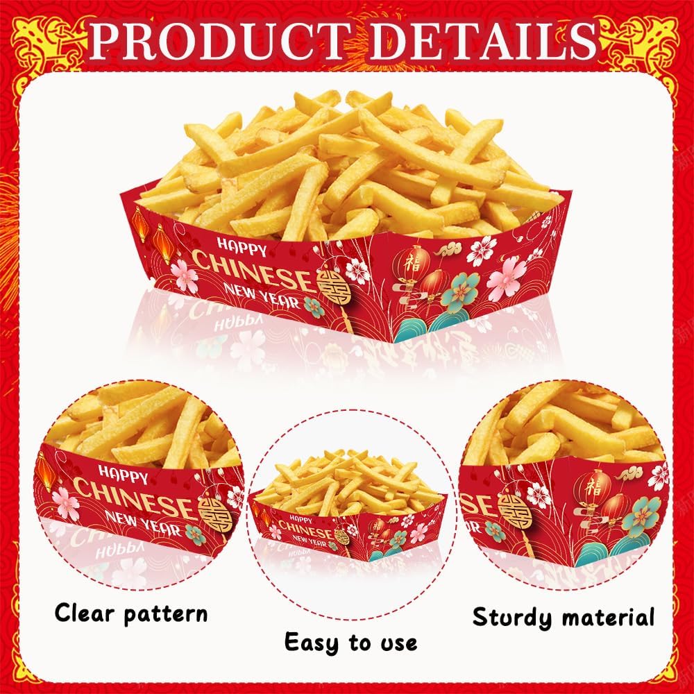 24 Pcs Chinese New Year Paper Food Trays Chinese New Year Party Supplies Food Boats Snack Paper Trays Disposable Serving Tray for Taco Snack Hot Dog French Fry Holder Party Decorations Favors image 4