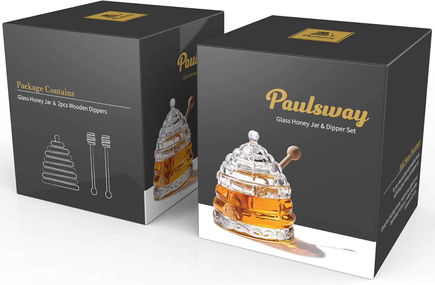 9 oz Beehive Crystal Honey Pot with 2 Dipper Sticks - Elegant Glass Honey Jar with Lid, No Drip Honey Dispenser & Syrup Container for Home Kitchen Decor