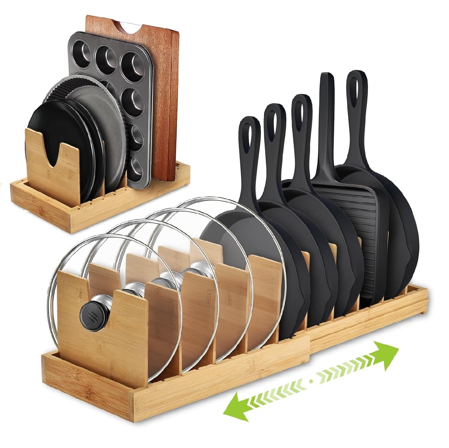 pots and pans organizer for under cabinet - expandable bamboo pot lid organizer, bakeware and cutting board organizers, drawer pot lid holder rack for kitchen organizers and storage