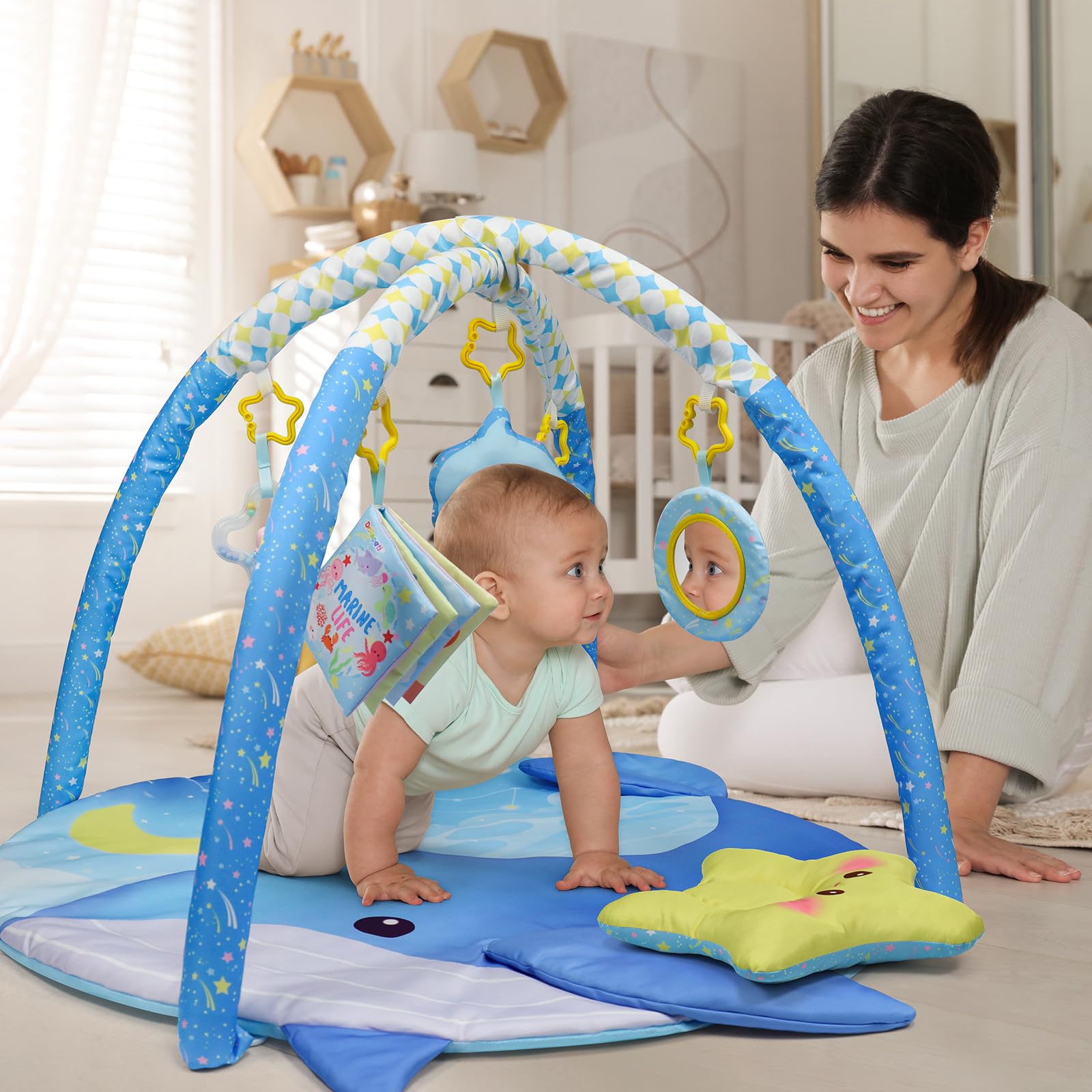 Dr.Rapeti Alfombra de Juego con Arco, Gimnasio de Actividades Evolutivo, Alfombrilla de Gimnasia para bebés, Gimnasio Multifunción con Arco para Bebés, Espejo, Libro de Tela