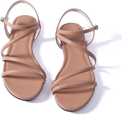 Women Flat Sandals Dressy Strappy Gladiator Summer Ankle Strap Nude Open Toe Comfortable Leather