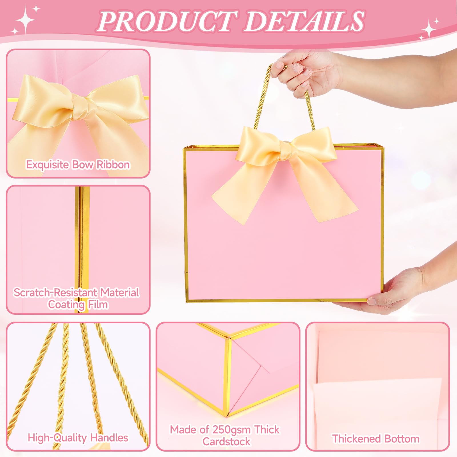 Addblu 2 Pack Large Gift Bags with Handles & Tissue Papers, 12.6×10×4 Inches Thank You Gift Bags with Cards for Mother’s Day, Birthday, Baby Shower, Wedding & Bridesmaids (Pink Gift Bag, 2 PCS)