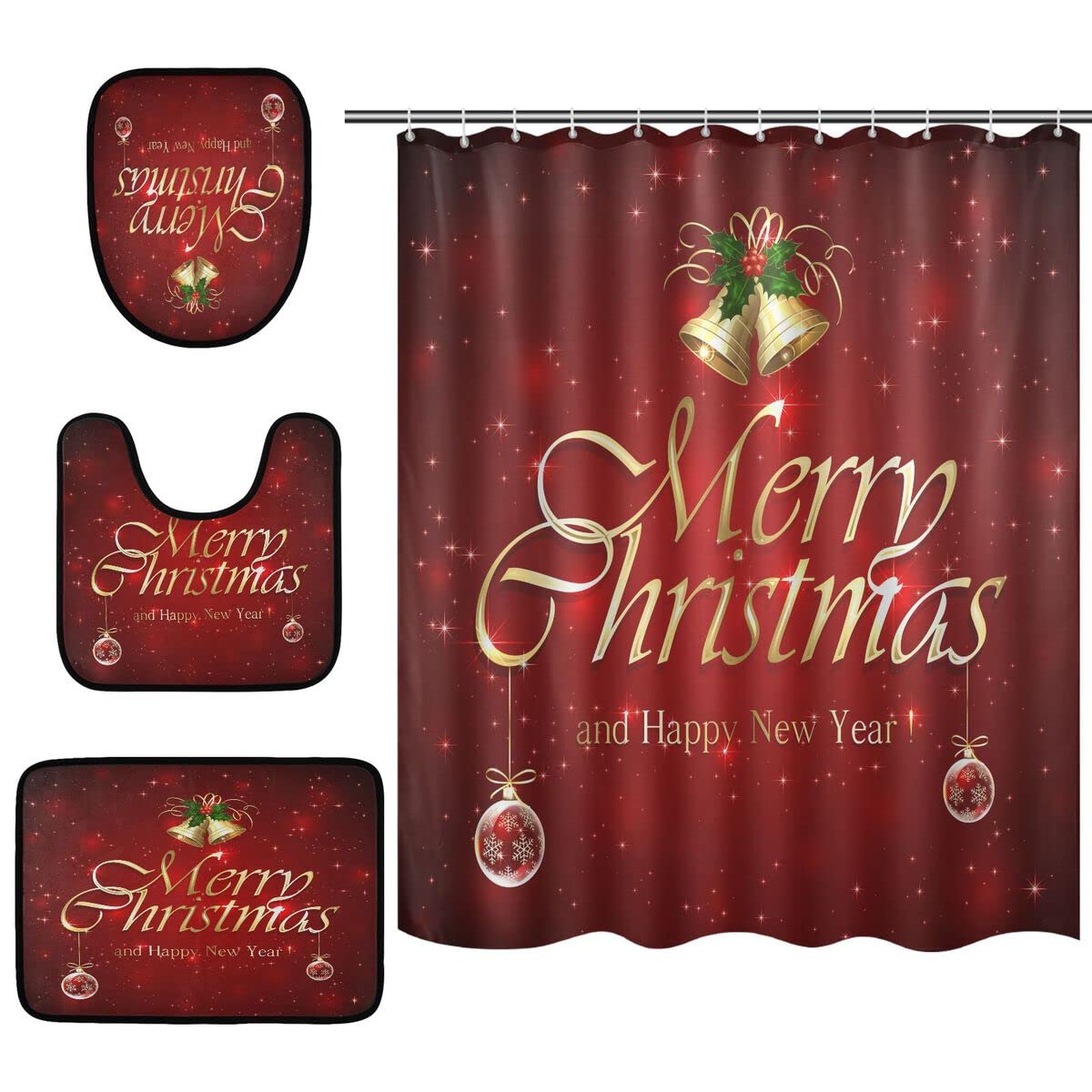 Mnsruu Lot de 4 rideaux de douche avec 12 crochets Motif boule de Noël Rouge