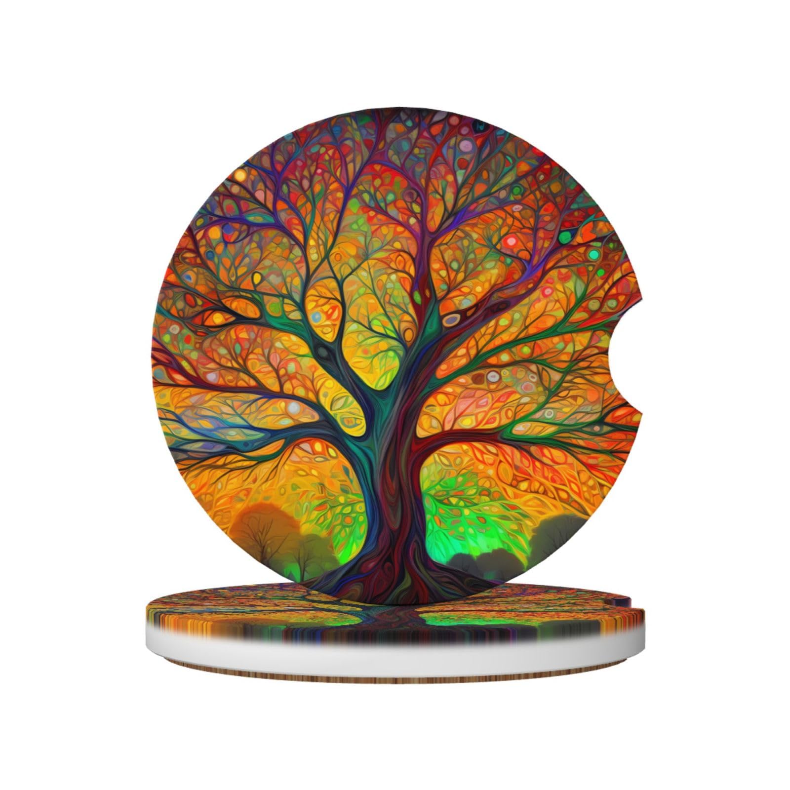 2 Pack Tree of Life Ceramic Absorbent Car Coasters Dia 2.56"