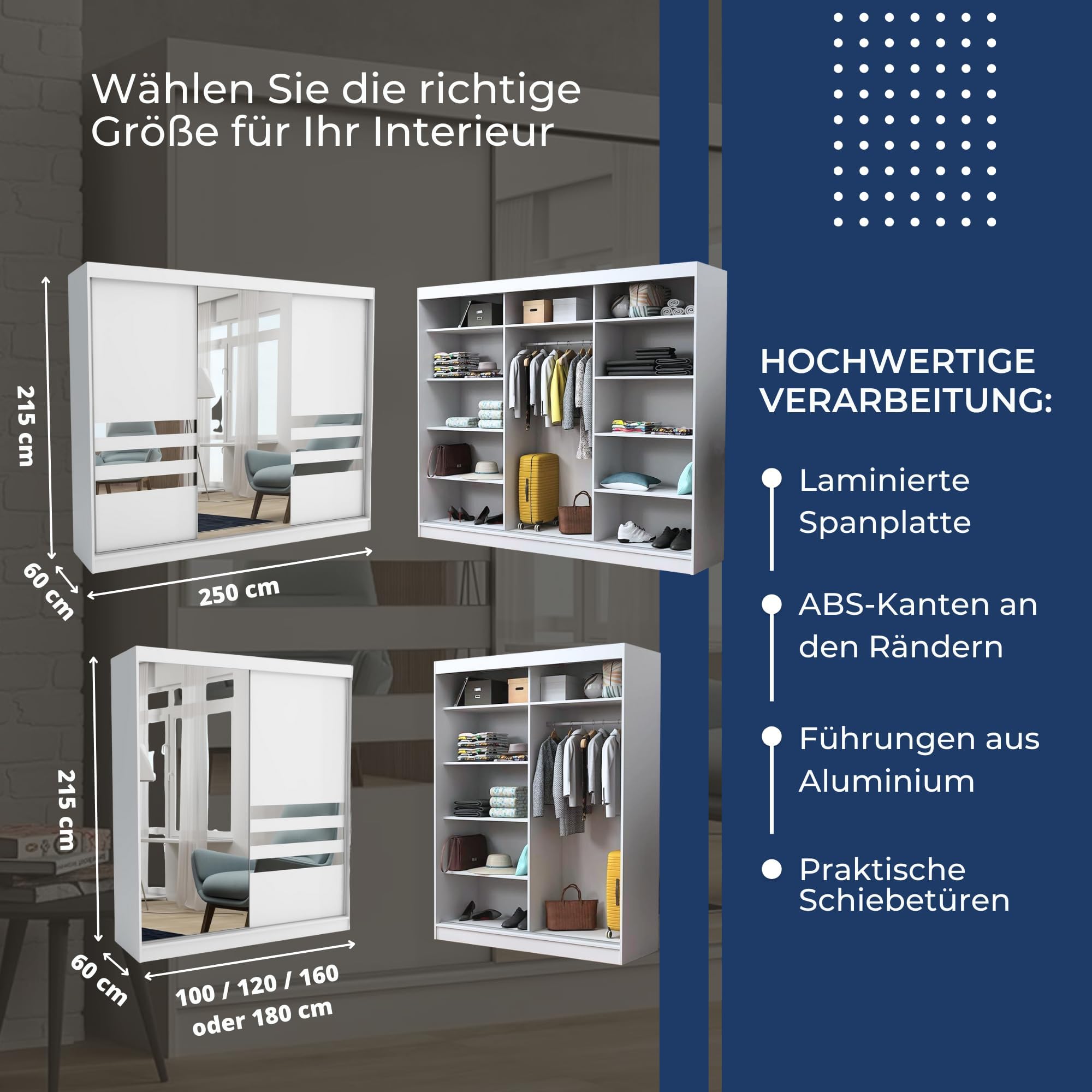 Brent - Kleiderschrank mit Spiegel Henry, 250cm Breit, Schlafzimmerschrank mit 1 Kleiderstange und Einlegeböden für Kleidung, Kleiderschrank Weiß