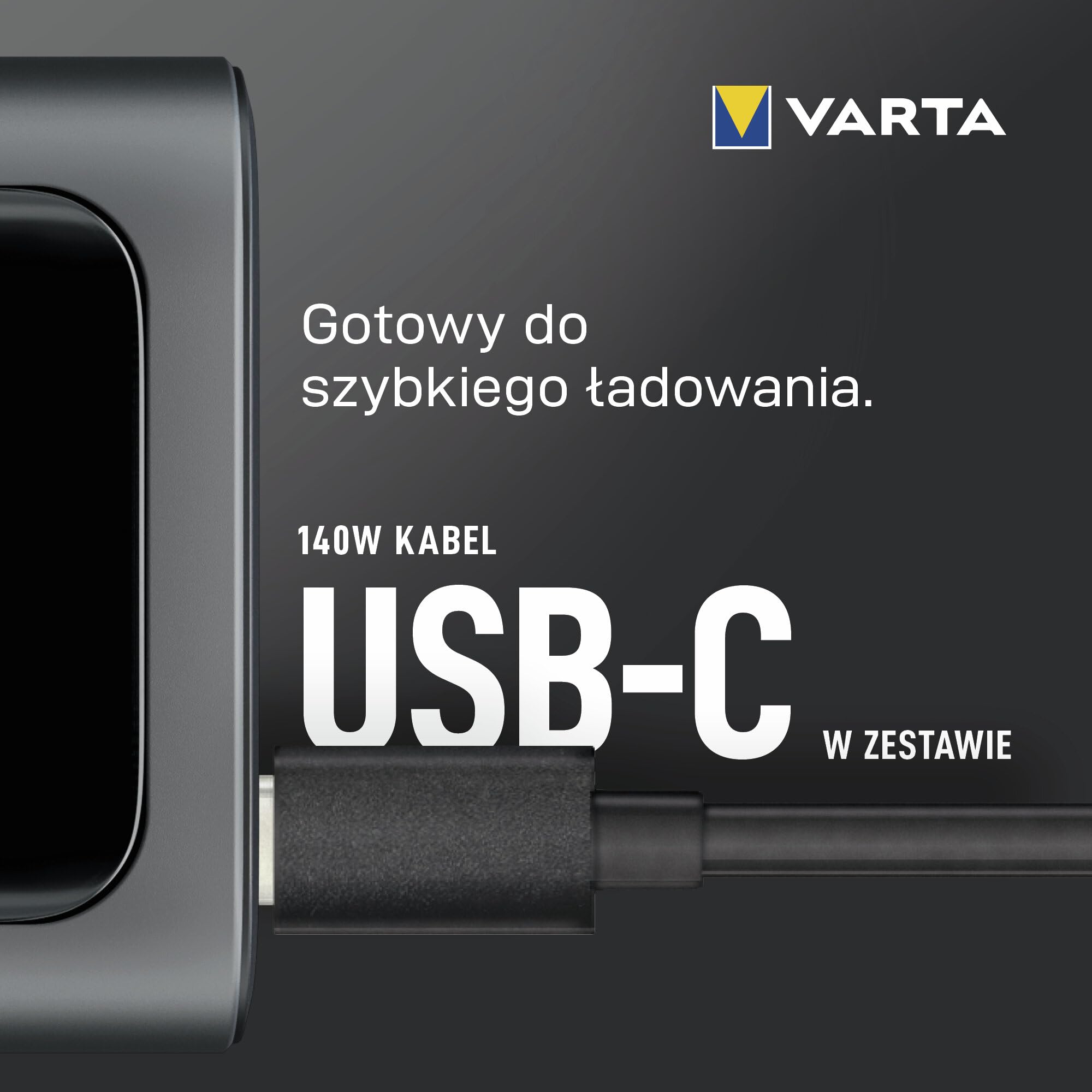 Superszybki VARTA Power Bank 140 W 27000mAh, 2x USB-C, 1x USB-A, powerbank do laptopa, smartfona i tabletu, wyświetlacz cyfrowy, zdolny do lotu, w zestawie kabel 140 W
