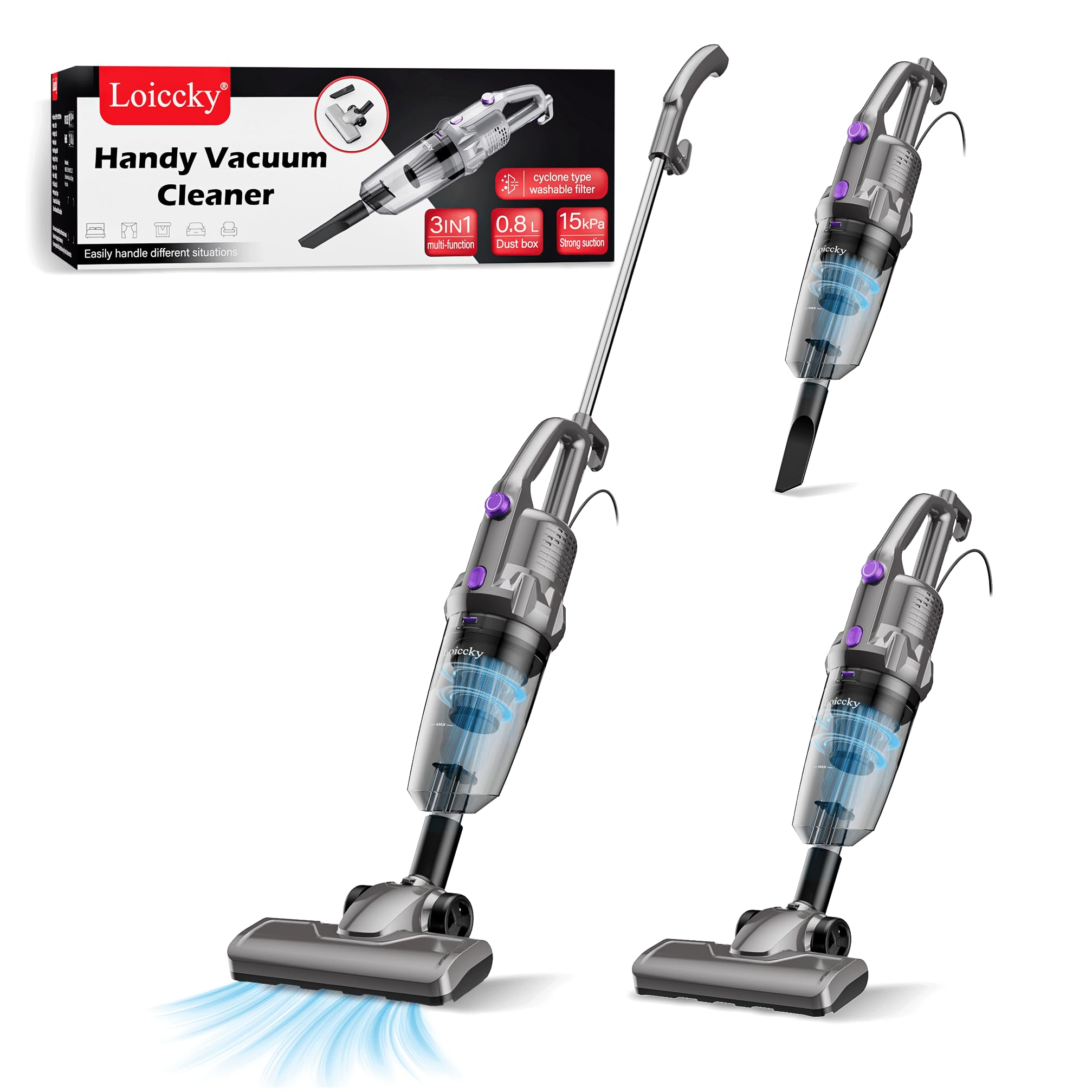 Loiccky Corded Stick Vacuum Cleaner, 600W Adjustable Speed (5.5-15KPa Suction), 3-in-1 Lightweight Handheld Vac, Washable HEPA Filter, 0.8L Dust Cup, 180° Swivel for Hardwood Floor, Carpet & Pet Hair