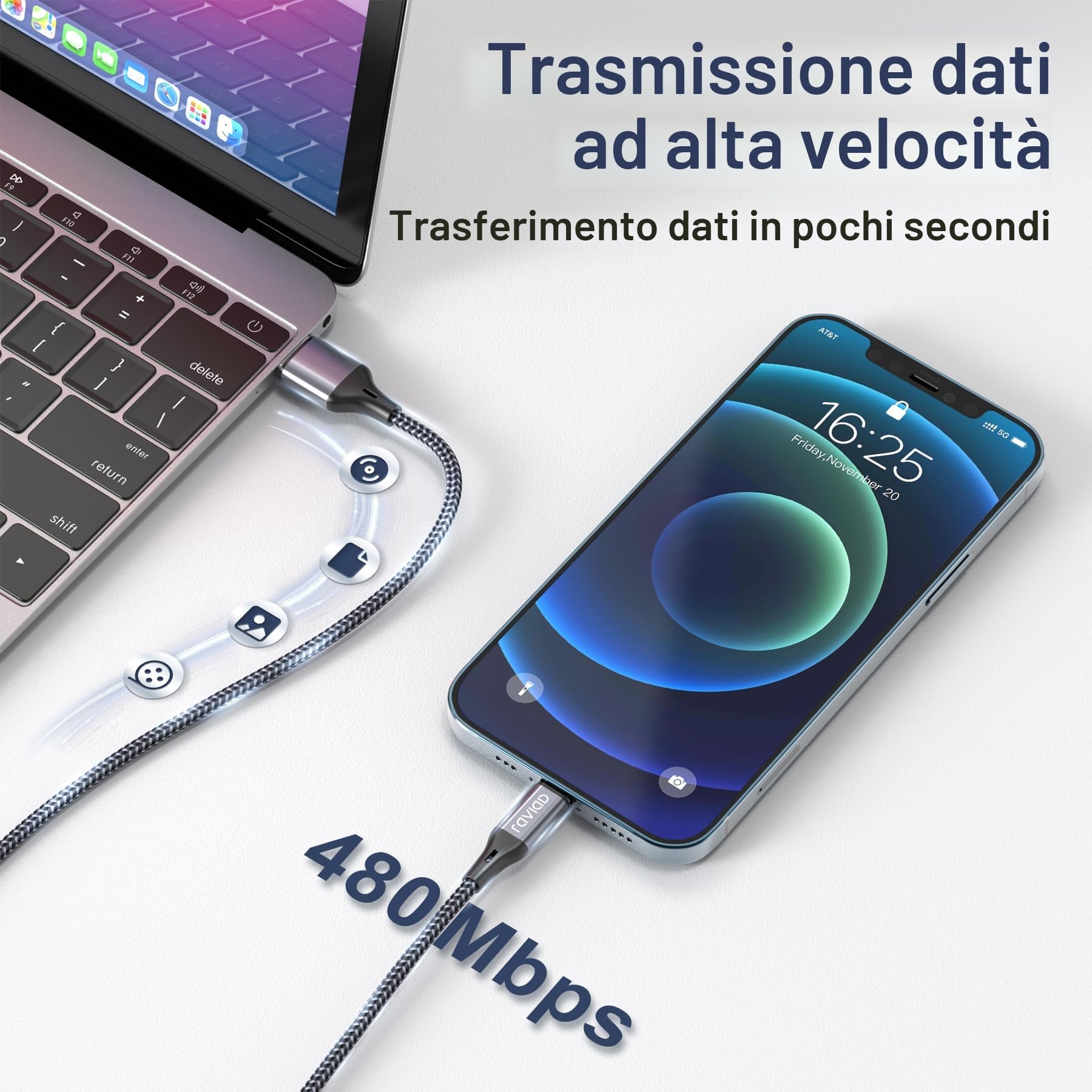 RAVIAD Cavo iPhone 1.2M MFi Caricatore Ricarica Rapida Nylon Lightning USB per iPhone 14/13/12/11/Pro/Pro Max/X/XS/XR/8/7/6s/6