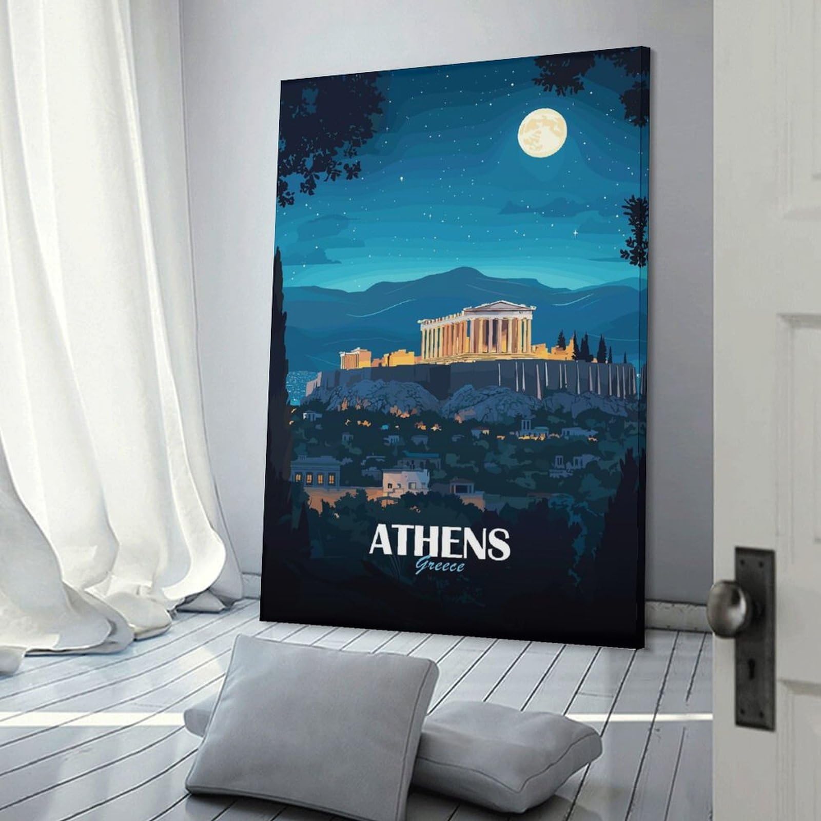 Junmoney Athens Greece Night Travel Wall Art Print 20x30inch(50x75cm), for Art Walls, Layered Displays Or Homes, Wall Decor Suited to Curated Displays