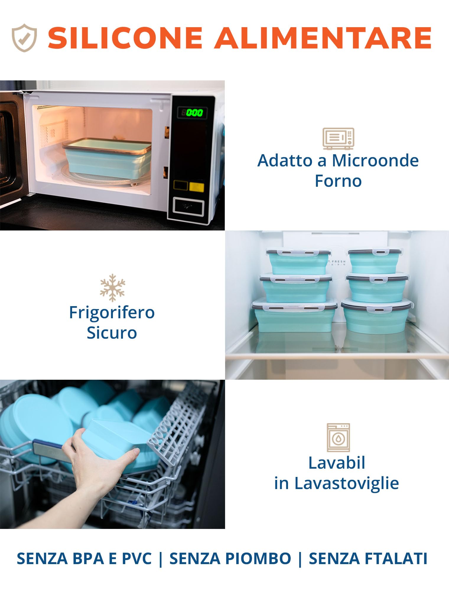 Lunememo 8 Contenitori Pieghevoli Per Alimenti, Adatti al Congelatore e Alla Lavastoviglie, Contenitori per Pranzo in silicone, Adatto per Campeggio, Coperchio, Blu