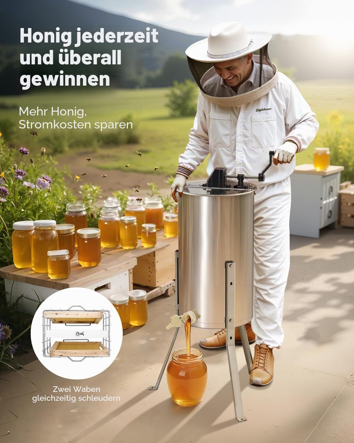 VEVOR Honigschleuder, 2 Rahmen, manuelle Tangentialschleuder mit transparentem Deckel, Honigextractor aus Rostfreiem Stahl mit höhenverstellbarem Ständer, Honigextractor für die Bienenzucht