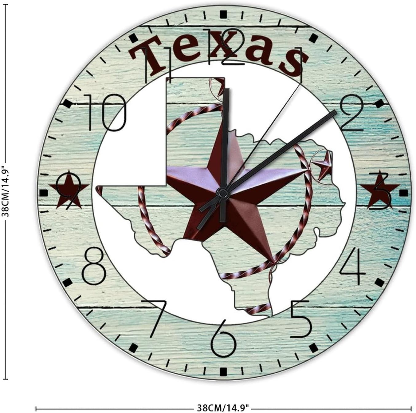Wooden Wall Clock Non-Ticking Sweep Movement Texas Lone Star Home Map Personalized Wall Clocks Boho Geometric Wood Panel Home Decor for Washroom Hotel Exercise Room 15 Inch