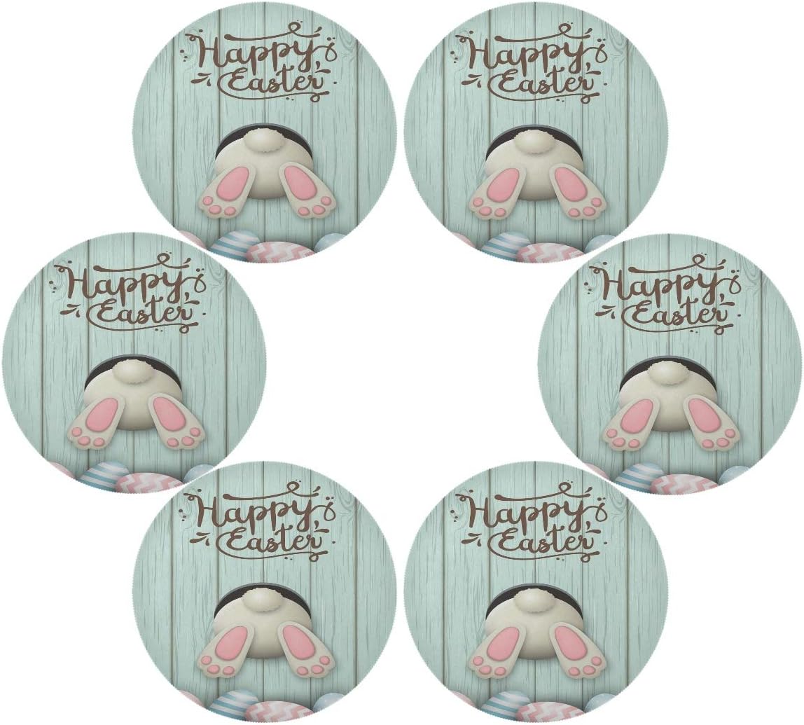 6 Pack Round Placemats, Happy Easter Eggs Bunny Rabbit Table Mats Heat-Resistant Stain Resistant Anti-Skid Washable Placemats 15.4 Inch