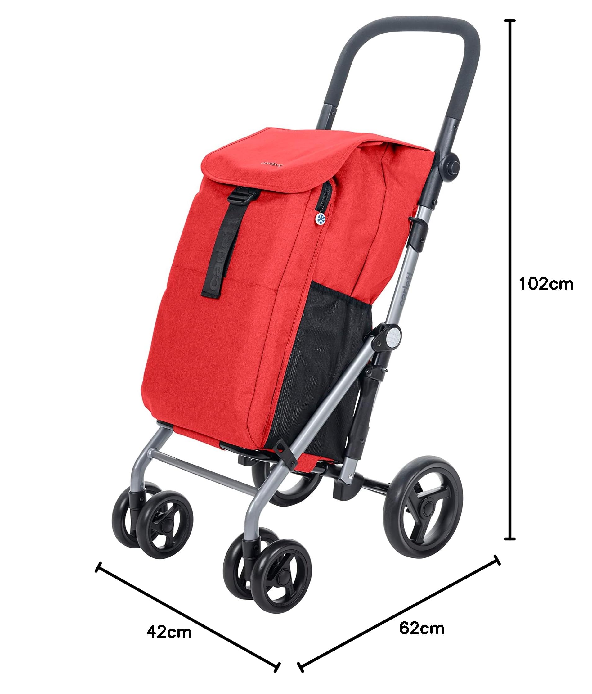 Carlett – Wózek na zakupy 4-kołowy, składany wózek do supermarketu o dużej pojemności 25kg, główna komora 53 l, kieszeń termiczna 9 l oraz kieszonka z tyłu, Lett430 Classic Duo, czerwony