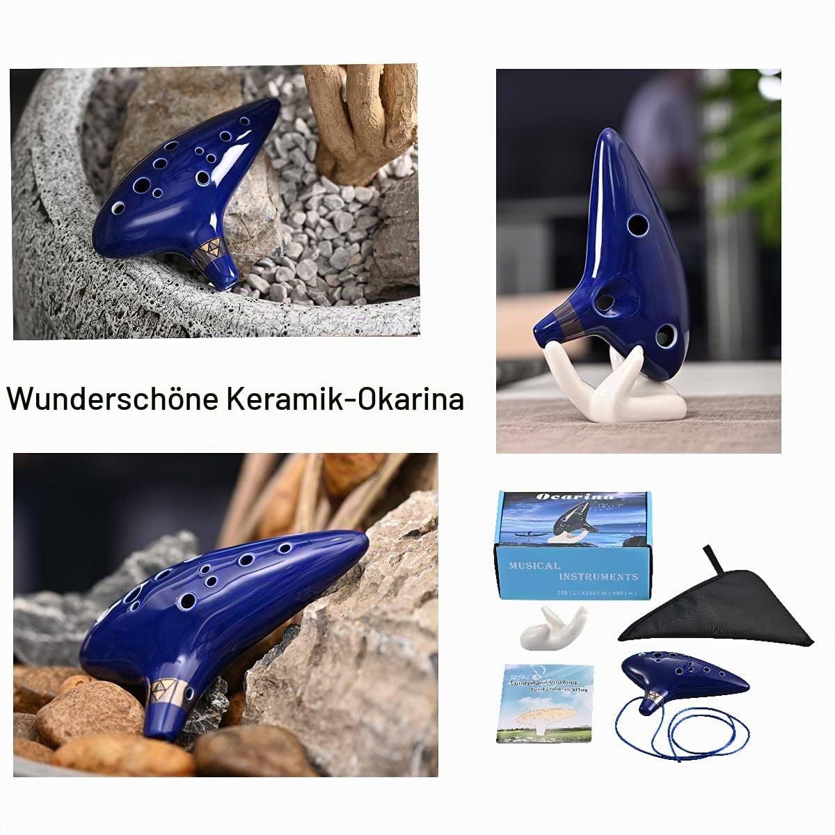 LIEKE Ocarina 12-Loch Alto C Keramik Okarina Musikinstrument Geschenk für Kinder Erwachsene mit Display Ständer Notenbuch Nackengurt Tasche